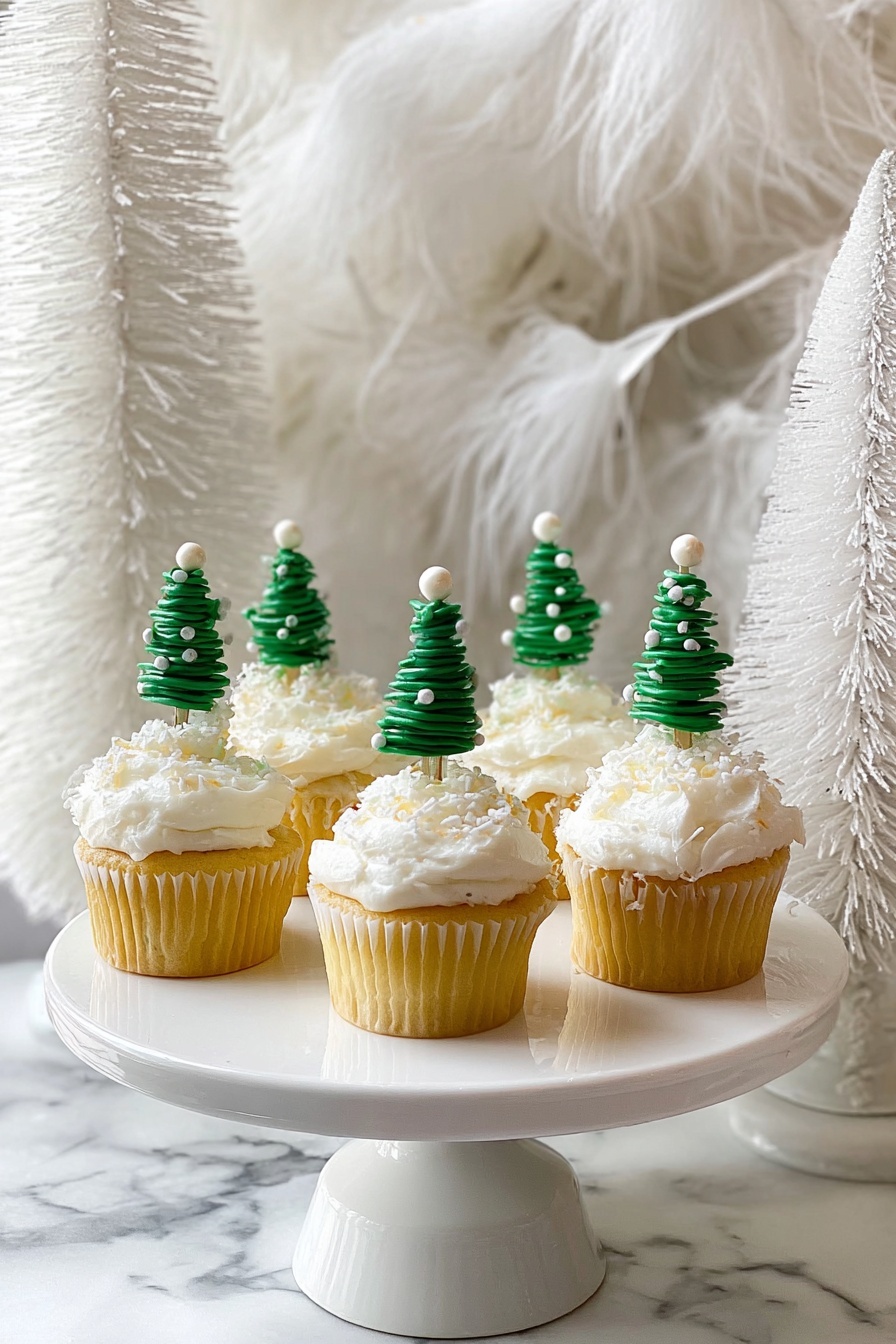 Creamy Buttercream Frosting, easy buttercream frosting recipe, homemade frosting for cakes, best buttercream for cupcakes, smooth vanilla frosting - There are six yellow cupcakes on a white cake stand with a simple round base. Each cupcake has a thick, uneven layer of white frosting on top. Stuck into the frosting of each cupcake is a small green Christmas tree decoration made from a spiral shape, decorated with small white balls to look like snow or ornaments. The background includes soft white feathers and white textured tree shapes, all set on a white marbled surface. photo taken with an iphone --ar 2:3 --v 7