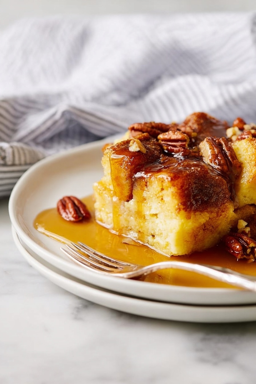 Easy French Toast Casserole, French Toast Casserole, Breakfast Casserole Recipe, Make-Ahead Breakfast, Crowd-Pleasing Brunch Dish - The image shows a white plate with a thick slice of bread pudding that has a golden-brown crust on top and a soft, yellow inside. The bread pudding is topped with a shiny layer of syrup that flows down the sides and pools on the plate. Scattered around the pudding are small pieces of brown pecans, adding texture and color contrast. A silver fork is placed near the edge of the plate, resting on a white marbled surface. In the background, a white and gray striped cloth is slightly blurred, giving a cozy and simple setting. photo taken with an iphone --ar 2:3 --v 7