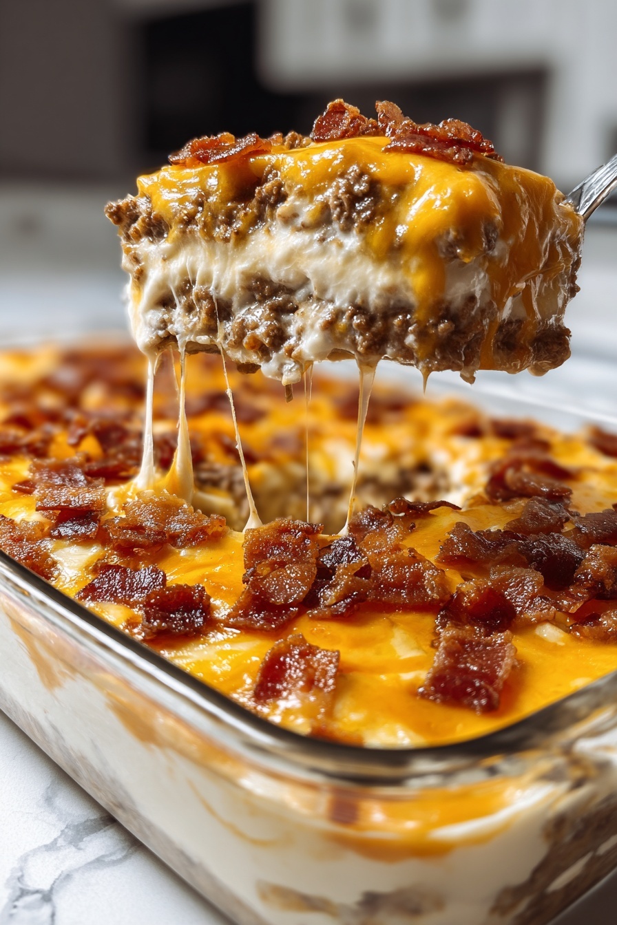 Crack Breakfast Casserole with Sausage and Bacon, breakfast casserole with sausage and bacon, hearty breakfast casserole, sausage bacon breakfast bake, cheesy breakfast casserole - A clear glass rectangular dish filled with a multi-layered casserole placed on a white marbled surface, showing three layers from the side: the bottom layer is ground beef, followed by a creamy white sauce layer, topped by bright orange melted cheese, generously covered with small crispy pieces of cooked bacon. A fork is scooping out a portion from the corner of the dish, lifting some of the layers with visible melted cheese stretching slightly. The kitchen background is blurred with soft lighting, focusing on the rich textures and colors of the dish. photo taken with an iphone --ar 2:3 --v 7