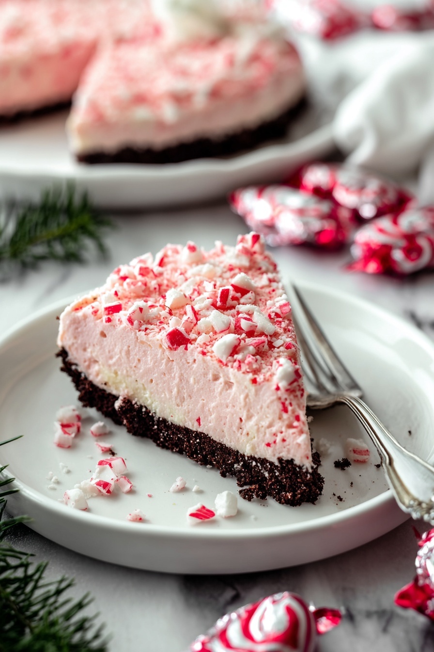 No Bake Peppermint Pie, festive peppermint dessert, easy Christmas pie, no-bake holiday dessert, peppermint cream cheese pie - A slice of dessert with two layers sits on a white plate with a silver fork on the right side. The bottom layer is dark brown and firm, looking like a crumbly base. The top layer is thick, creamy, and light pink, covered with small white and red crushed pieces scattered on top. In the background, more of the dessert is on a white plate, and red-and-white striped candy pieces are scattered nearby, some still in shiny wrappers. The surface under everything is a white marbled texture with some green pine leaves in the lower part of the image. photo taken with an iphone --ar 2:3 --v 7