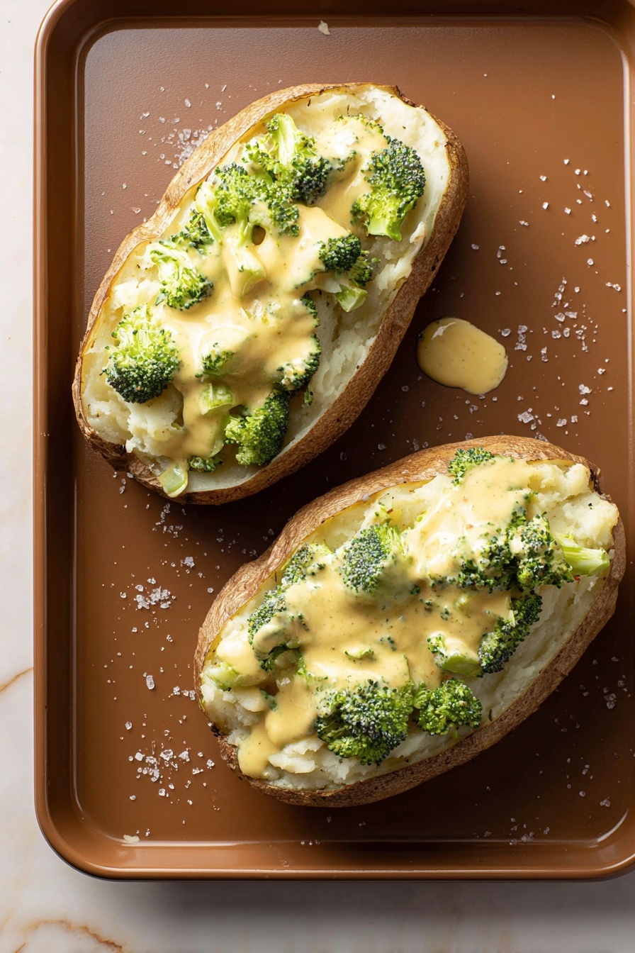 Cheesy Broccoli Stuffed Baked Potatoes, baked potato with broccoli and cheese, cheesy stuffed potato recipes, broccoli stuffed baked potatoes, easy cheesy potato dish - Two baked potatoes are placed open on a brown baking tray, each with three visible layers. The bottom layer is the potato skin in a light brown color, the middle layer is soft white mashed potato, and the top layer is a creamy yellow cheese sauce with small bright green broccoli pieces mixed in. The sauce is slightly spilling onto the tray, and some salt grains are scattered around. The tray sits on a white marbled texture. Photo taken with an iphone --ar 2:3 --v 7