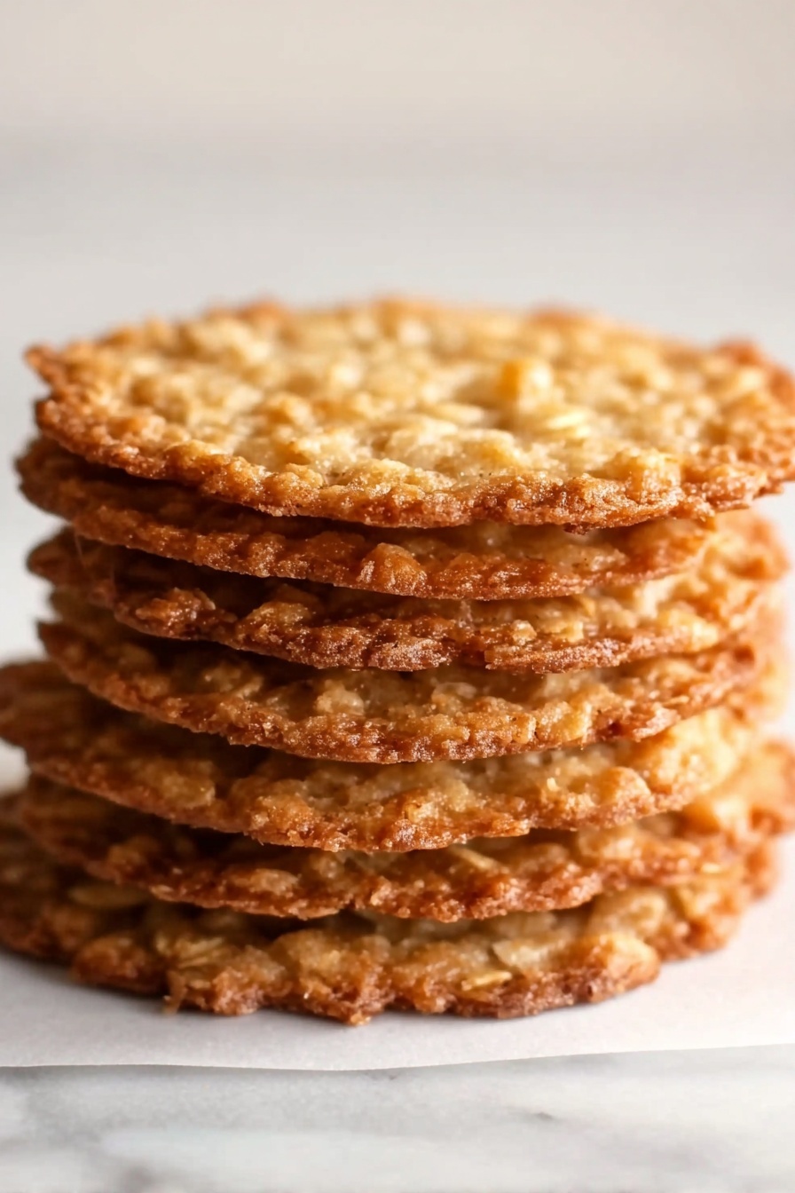 Delicious Lace Cookies, lace cookies recipe, crispy lace cookies, caramel lace cookies, nutty lace cookies - A stack of six thin, round cookies with a light golden brown color and a textured surface showing oats and slight bubbling. The cookies look crispy with an uneven edge, layered one on top of the other on a white marbled surface. The lighting highlights the cookies' crunchy texture and slight shine on their tops. photo taken with an iphone --ar 2:3 --v 7