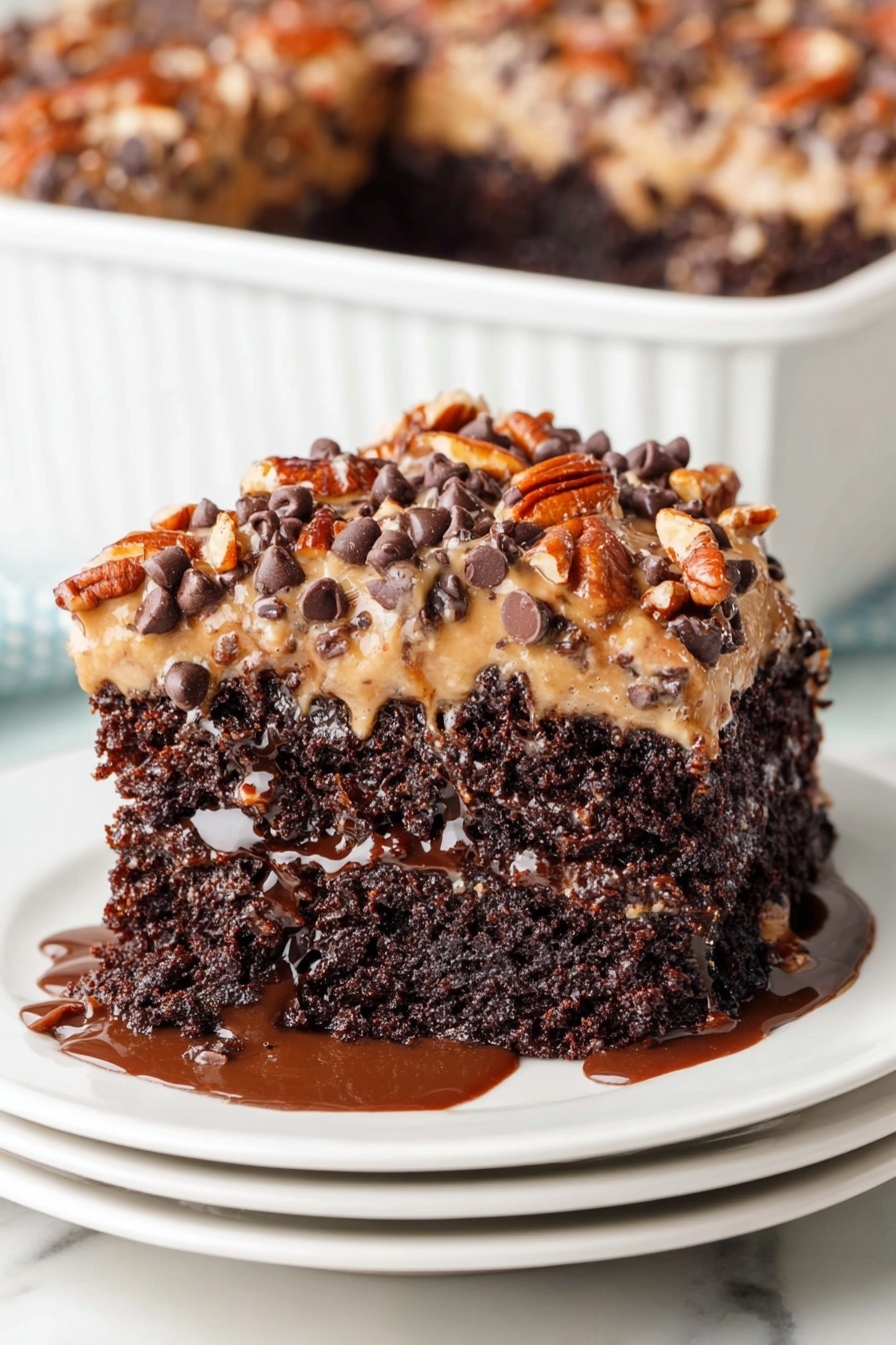 German Chocolate Poke Cake, chocolate poke cake, coconut pecan cake, easy German chocolate cake, decadent chocolate dessert - A slice of rich dark chocolate cake sits on a white plate with three stacked white plates underneath, on a white marbled surface. The cake has one thick layer of moist, dark chocolate cake with a slightly shiny texture. On top is a layer of light caramel-colored frosting covered with chocolate chips and whole pecans scattered evenly across. There is some chocolate sauce pooling around the base of the slice, adding a shiny, wet look. In the background, more of the cake is seen in a white baking dish. Photo taken with an iphone --ar 2:3 --v 7