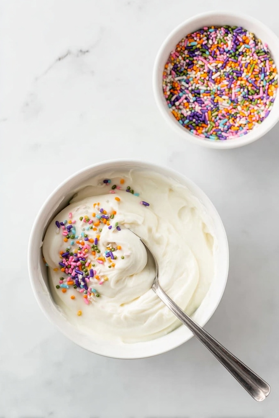 Easy Protein Dunkaroo Dip, healthy dip recipes, quick protein snacks, Greek yogurt dip, nostalgic dessert dip - A white bowl filled with thick white frosting, with a silver spoon partially dipped inside and covered with colorful rainbow sprinkles in purple, orange, green, pink, and blue, sitting on a white marbled surface. Next to the bowl, there is a smaller white bowl filled with the same rainbow sprinkles. The frosting looks smooth and creamy with some soft ridges where the spoon has moved. Photo taken with an iphone --ar 2:3 --v 7