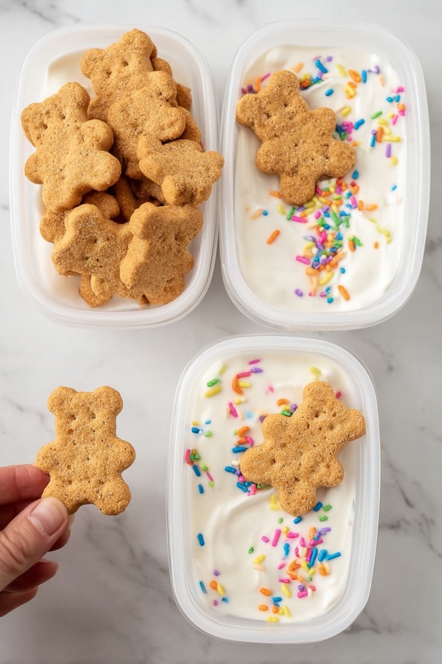 Easy Protein Dunkaroo Dip, healthy dip recipes, quick protein snacks, Greek yogurt dip, nostalgic dessert dip - The image shows two pairs of white plastic containers placed on a white marbled surface. Each pair contains teddy bear-shaped graham crackers in one compartment and creamy white yogurt with colorful sprinkles in the other. Each yogurt section has a single teddy bear cracker placed on top. The teddy bear crackers are golden brown with a slightly rough texture, while the yogurt is smooth and thick with vibrant rainbow sprinkles scattered on the surface. A woman's hand holds one teddy bear cracker near the bottom left container, ready to dip it into the yogurt. Photo taken with an iphone --ar 2:3 --v 7