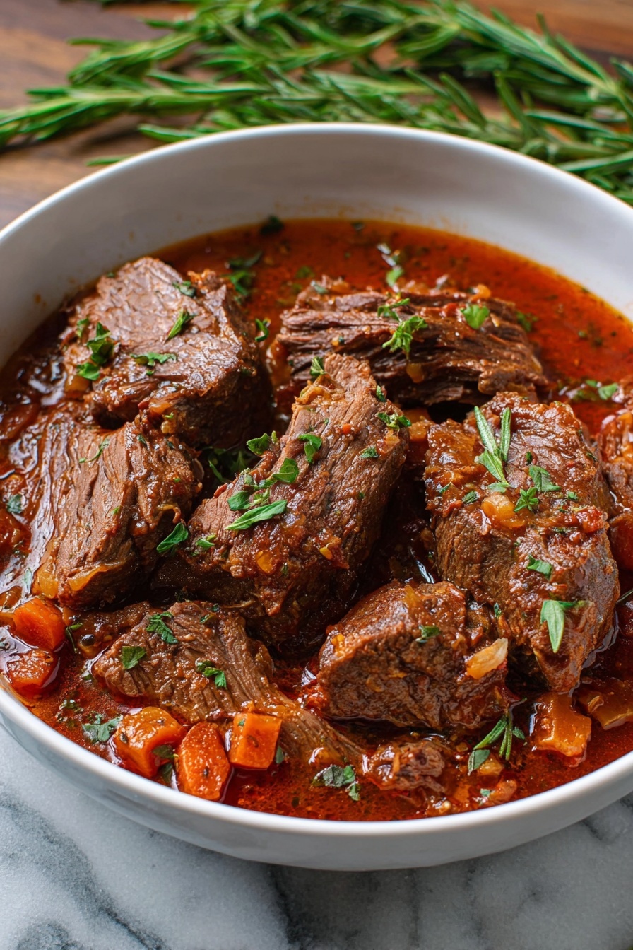 Italian Pot Roast, Italian Pot Roast recipe, slow cooker Italian beef, flavorful Italian pot roast, hearty Italian dinner - A white bowl filled with a thick red-brown stew containing several large pieces of cooked beef. The beef pieces have a firm texture with some visible fibers, and they are sitting partially submerged in the rich sauce that has visible chunks of orange carrots and small bits of herbs and onions. The dish is garnished with small green herb leaves scattered over the top. The bowl is placed on a white marbled surface with a sprig of green rosemary nearby. Photo taken with an iphone --ar 2:3 --v 7