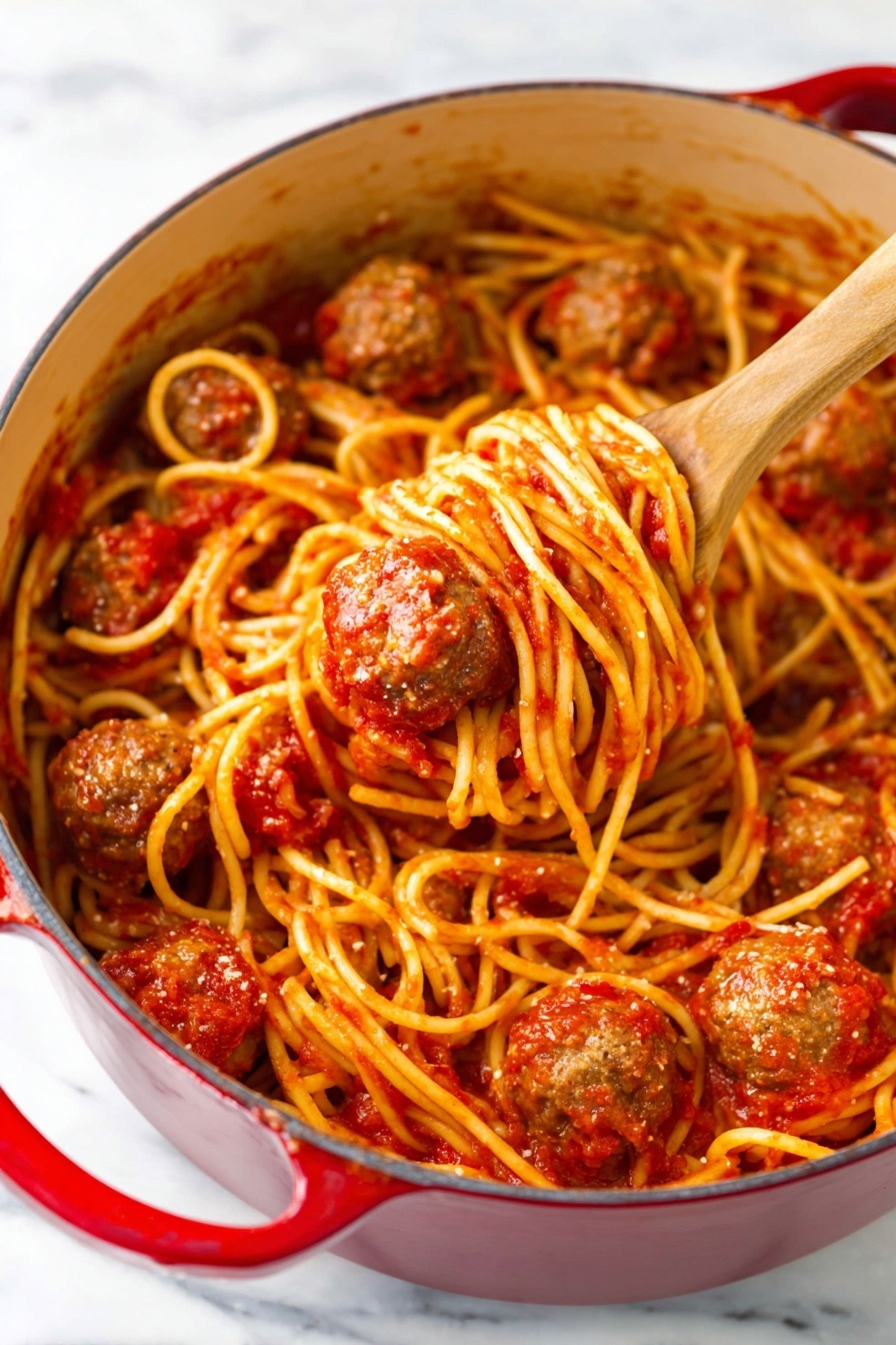 Italian Spaghetti and Meatballs, easy Italian spaghetti and meatballs, homemade spaghetti and meatballs, authentic Italian pasta dish, flavorful meatball recipe - A red pot filled with long yellow spaghetti noodles mixed with chunky red tomato sauce, evenly coating the noodles. There are several round brown meatballs spread through the noodles, some partially covered in sauce. A wooden spoon is lifting one meatball and some noodles, showing the texture of the sauce and meatballs clearly. The pot is placed on a white marbled surface. photo taken with an iphone --ar 2:3 --v 7