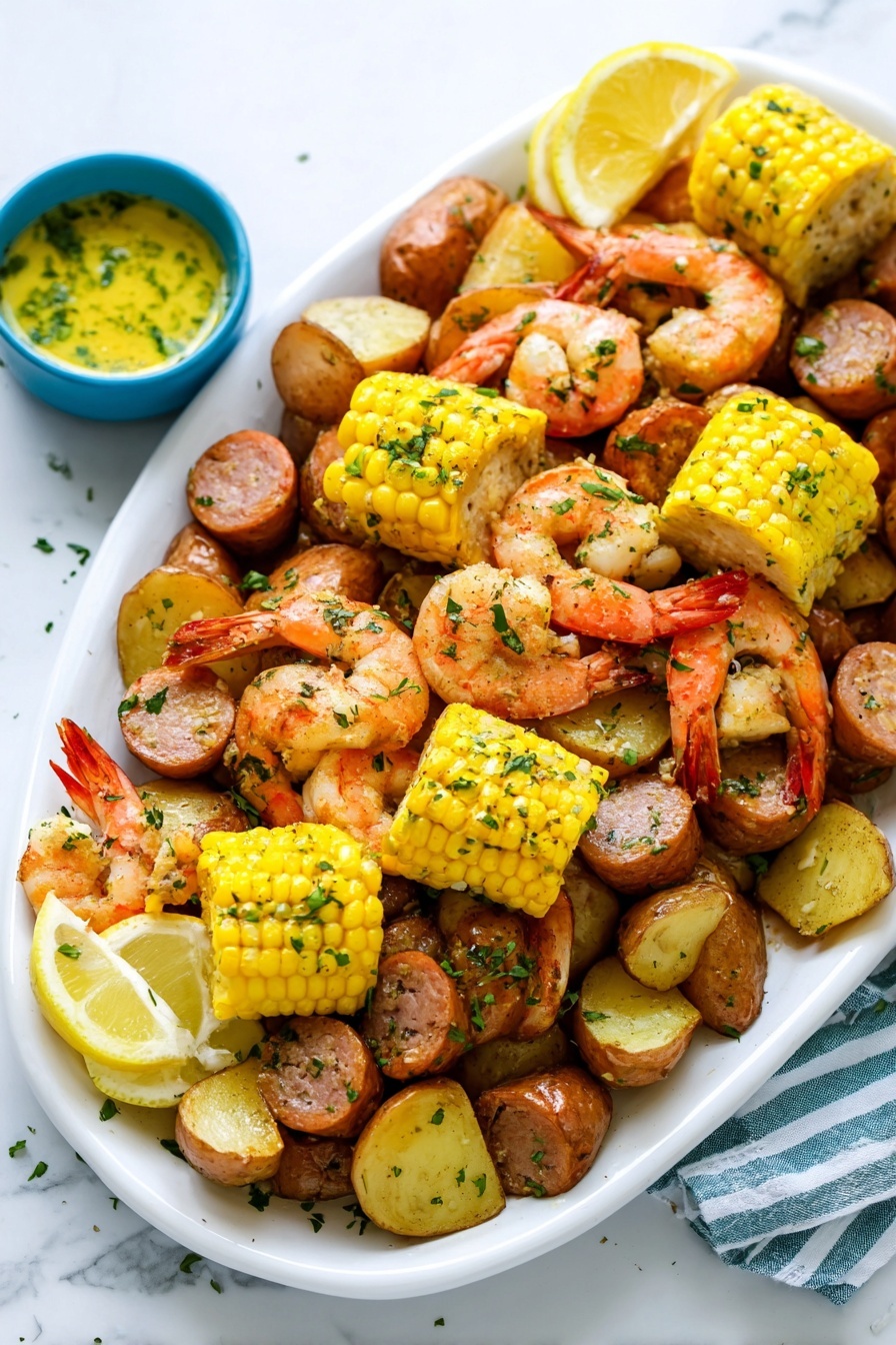 Old Bay Shrimp Boil, Maryland seafood boil, seafood feast recipe, easy shrimp boil, summer seafood dinner - A large white oval plate is filled with three main layers: the first layer is a base of halved small roasted potatoes with a golden-brown skin; the second layer includes thick slices of browned sausage scattered evenly; the top layer features cooked pink shrimp with tails on, mixed with bright yellow corn on the cob pieces cut into thick rounds, all sprinkled with chopped green herbs. On the edge of the plate, there are two lemon wedges in a bright yellow color. The plate sits on a white marbled surface with a small blue bowl of yellow garlic butter sauce garnished with herbs nearby. Photo taken with an iphone --ar 2:3 --v 7