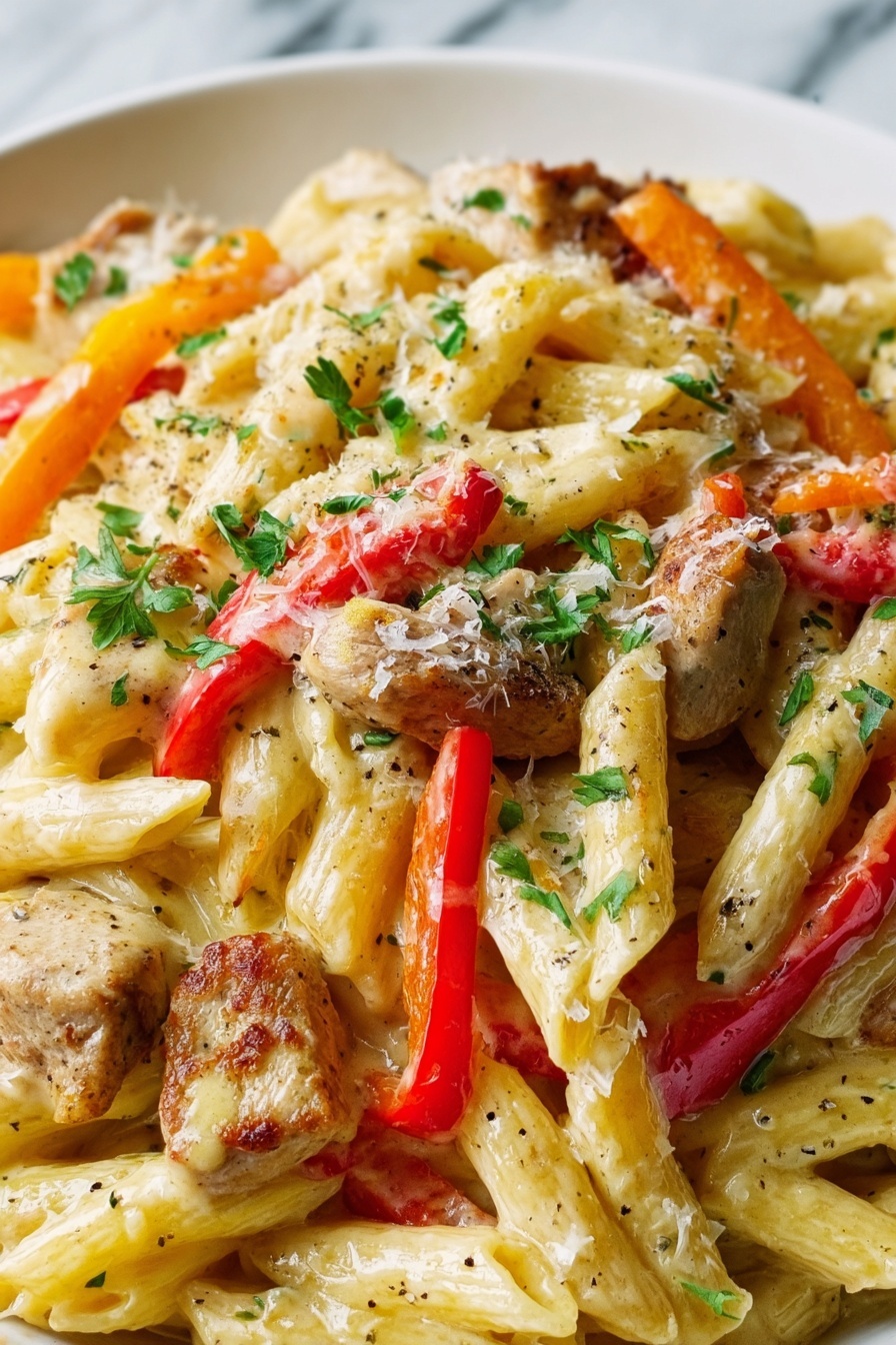 Creamy Cajun Chicken Pasta, Cajun Chicken Pasta, creamy pasta recipes, easy Cajun chicken dishes, weeknight pasta meals - The image shows a close-up of a white bowl filled with a creamy pasta dish. The pasta is penne, light yellow in color, coated in a rich, smooth sauce. Mixed in are pieces of light brown cooked chicken and bright red and orange bell pepper slices. Small green parsley leaves are scattered on top, adding a fresh touch. The dish is also sprinkled with grated cheese and black pepper, which add texture and small contrasting colors. The bowl sits on a white marbled surface. Photo taken with an iphone --ar 2:3 --v 7