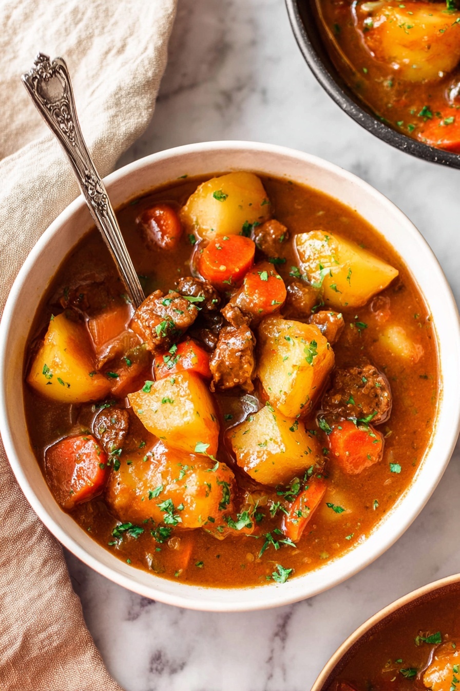 Vegan Irish Stew with Beer, Vegan Irish Stew, Plant-Based Irish Stew, Vegan Beer Stew, Irish Stew with Plant-Based Tips - The image shows a white bowl filled with a thick stew made of large, soft potato chunks, round carrot slices, and browned meat pieces in a rich, brownish-orange sauce. Fresh green herbs are sprinkled on top for color contrast. A silver spoon with an ornate handle is resting inside the bowl, partially submerged in the stew. The bowl is placed on a white marbled surface with a beige cloth partially visible in the upper left corner. Part of another similar bowl is visible at the top right edge. photo taken with an iphone --ar 2:3 --v 7