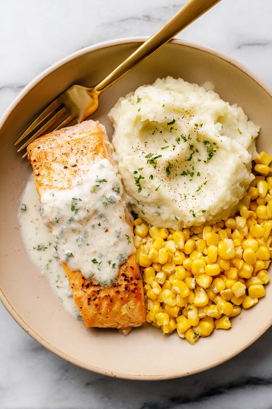 Creamy Lemon Salmon, Lemon Salmon Pasta, Easy Salmon Dinner, Healthy Salmon Recipes, Salmon with Lemon Cream Sauce - The image shows four pieces of golden-brown fish fillets, each topped with a creamy white sauce that has a smooth, slightly thick texture with small green herb flakes. The fillets lie in a pool of the same white sauce. There are two lemon wedges visible, one partially submerged in the sauce and one resting on the side, with bright yellow skin and pale juicy interiors. The background is a white marbled texture. photo taken with an iphone --ar 2:3 --v 7