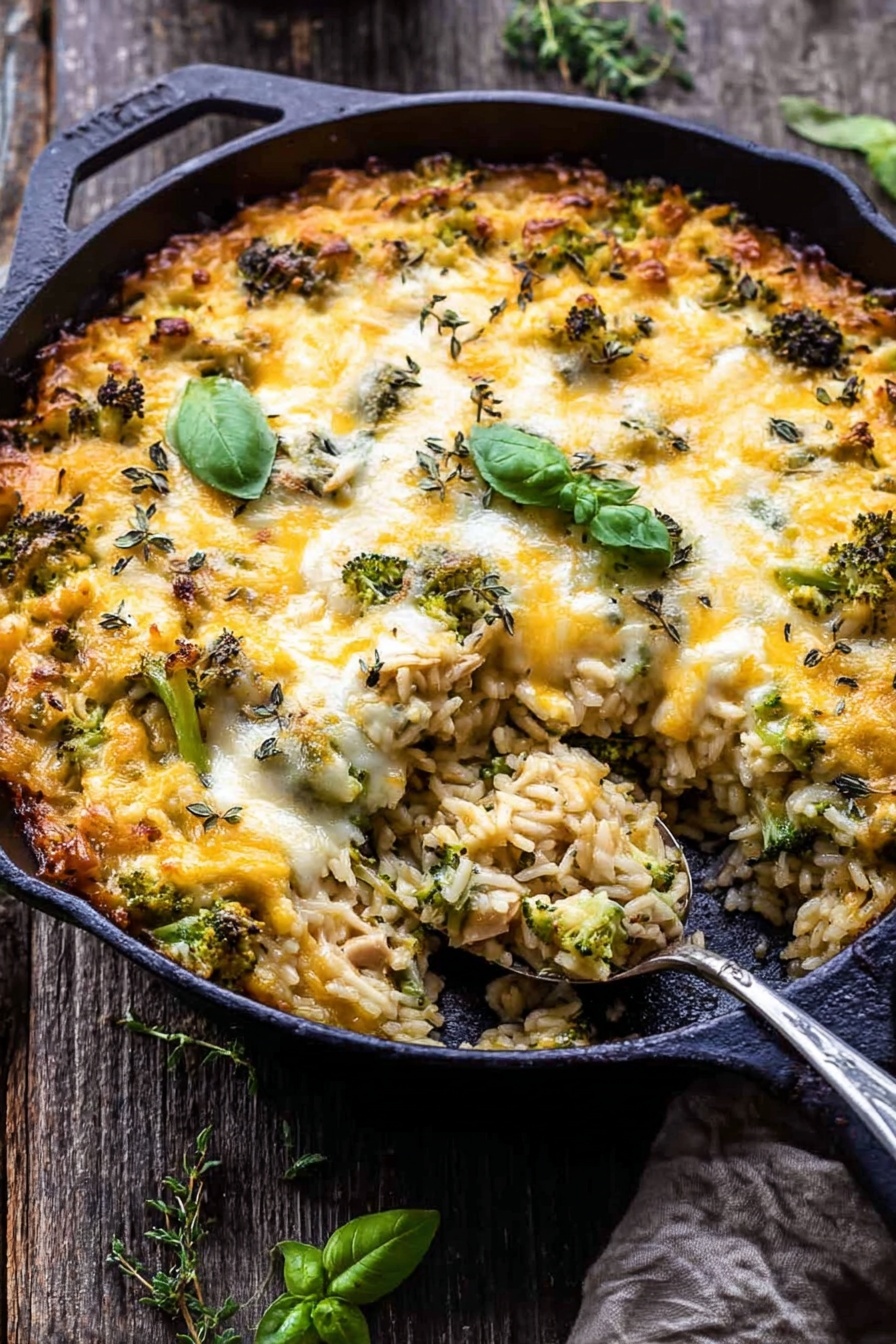 Cheesy Broccoli Orzo Bake, baked vegetable pasta, cheesy broccoli casserole, one-pot veggie bake, easy comforting pasta dish - A black cast-iron pan filled with a baked casserole showing at least three layers: the bottom layer consists of cooked rice mixed with small pieces of broccoli and shredded chicken, the middle layer has melted cheese with both white and orange shades evenly spread, and the top layer is a slightly browned cheese crust dotted with green basil and thyme leaves. A silver spoon scoops out a portion, revealing the soft texture of the rice and broccoli underneath the cheesy surface. The pan rests on a textured wooden table with some green leaves scattered nearby. photo taken with an iphone --ar 2:3 --v 7