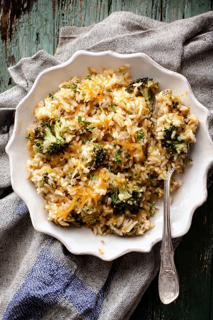 Cheesy Broccoli Orzo Bake, baked vegetable pasta, cheesy broccoli casserole, one-pot veggie bake, easy comforting pasta dish - The image shows a baked dish with a golden, bubbly layer of melted cheese on top that looks slightly crispy at the edges. Underneath the cheese are visible chunks of green broccoli and a mix of rice or small pasta, which seem soft and mixed well with creamy sauce. Fresh green basil leaves and small sprigs of herbs are scattered on top as garnish. The dish is in a dark round pan placed on a white marbled surface with a silver serving spoon slightly scooping some of the baked food, revealing the cheese stretching and the mixed texture inside. photo taken with an iphone --ar 2:3 --v 7