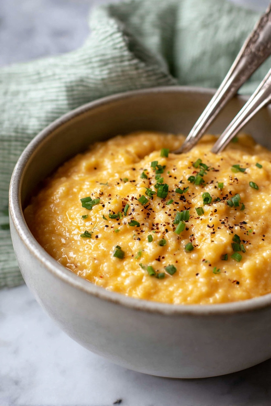 Cheesy Quinoa, Cheesy Quinoa Recipe, healthy cheese quinoa dish, creamy quinoa with cheese, easy quinoa cheese meal - A light gray bowl is filled with a creamy, slightly lumpy dish that has a warm yellow-orange color. The surface is sprinkled with small pieces of green herbs and tiny black pepper specks, adding contrast to the warm color. Two silver spoons rest inside the bowl. The bowl sits on a white marbled surface with a soft-focus green and white cloth in the background. photo taken with an iphone --ar 2:3 --v 7