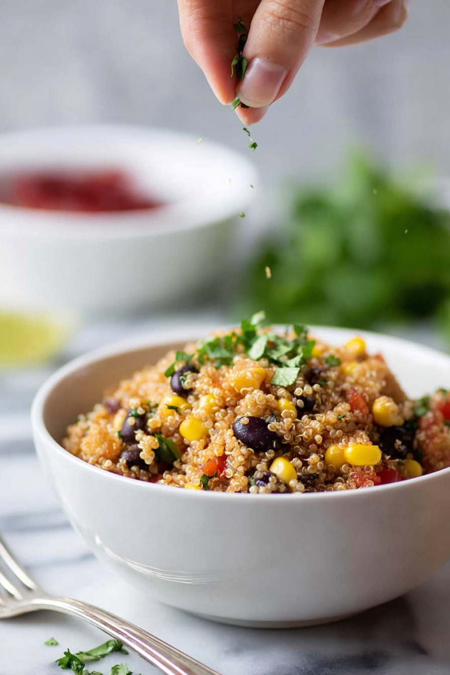 Mexican Quinoa Bowl, easy Mexican quinoa recipe, healthy quinoa bowls, quick Mexican meal, nutritious quinoa dinner - A white bowl filled with quinoa salad showing a mix of colors and textures; the base layer is light brown quinoa, mixed with black beans, yellow corn kernels, and small red tomato pieces scattered throughout. On top, small green cilantro leaves are visible, some being sprinkled by a woman's hand from above. The background surface is white marbled with a blurred white bowl with red ingredients in the top left background and some green cilantro on the left side of the image. A silver fork rests beside the bowl on the white marbled surface photo taken with an iphone --ar 2:3 --v 7