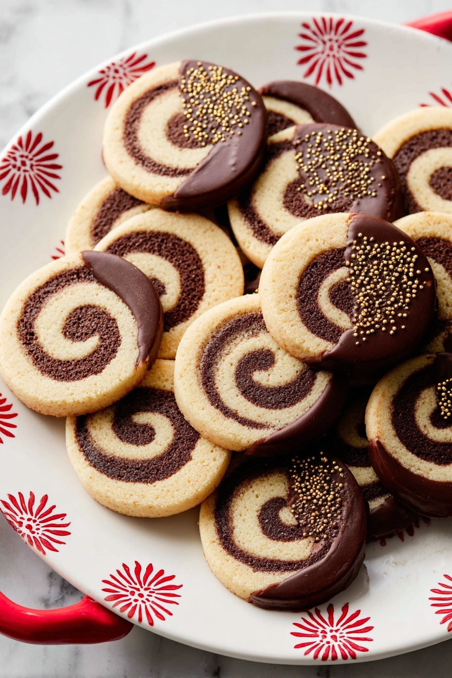 Chocolate Pinwheel Cookies, Pinwheel Cookies Recipe, Chocolate Swirl Cookies, Vanilla and Chocolate Cookies, Easy Pinwheel Cookies - A plate of spiral cookies is shown on a white ceramic plate with red flower-like designs and a red handle on a white marbled surface. Each cookie has two main layers: one light beige and one dark brown swirled together to form a spiral pattern. Some cookies are plain, showing only the two-layer swirl, and others are half dipped in dark chocolate with small golden sprinkles on the chocolate side. The cookies are arranged in a stacked, overlapping way that fills the plate and spills slightly onto the surface around it. Photo taken with an iphone --ar 2:3 --v 7
