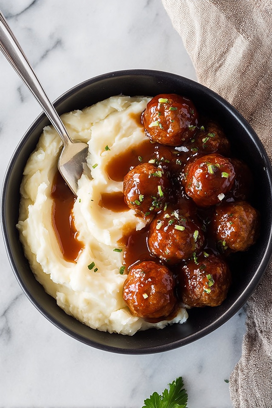 Bourbon Slow Cooker Meatballs, easy meatball recipes, slow cooker appetizer recipes, bourbon sauce recipes, crowd-pleasing meatball dish - A black bowl on a white marbled surface holds a serving of mashed potatoes and meatballs. The mashed potatoes form a soft, creamy layer on one side, with a smooth texture and three streaks of dark brown gravy on top. On the other side, a cluster of round, shiny meatballs covered in thick brown sauce are garnished with small green herb pieces. A silver spoon rests partially sunk into the mashed potatoes, angled towards the bowl's edge. A small parsley leaf lies nearby on the surface. photo taken with an iphone --ar 2:3 --v 7