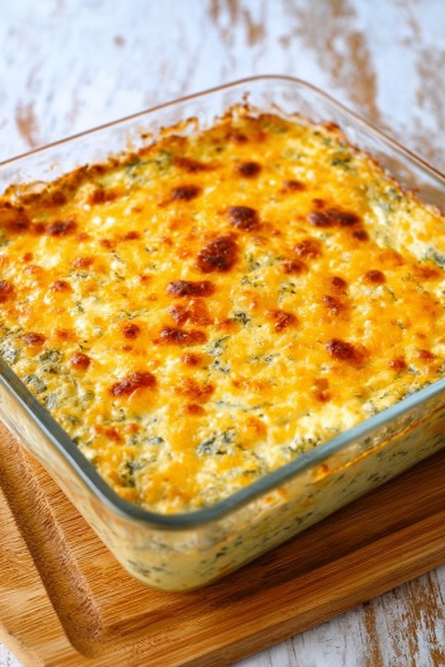 Bacon Spinach Artichoke Dip, cheesy bacon spinach artichoke appetizer, creamy bacon spinach dip, savory bacon artichoke dip, easy party dip recipes - A glass square dish filled with a baked casserole that shows a golden brown melted cheese layer on top with small patches of darker brown, indicating a crispy texture. Below the cheese layer, a creamy mixture with visible green bits, likely herbs or vegetables, fills the rest of the dish. The dish is set on a wooden board, all photographed with a white marbled background visible around the edges. The overall look is warm and inviting with a soft, bubbly texture under the cheese layer photo taken with an iphone --ar 2:3 --v 7