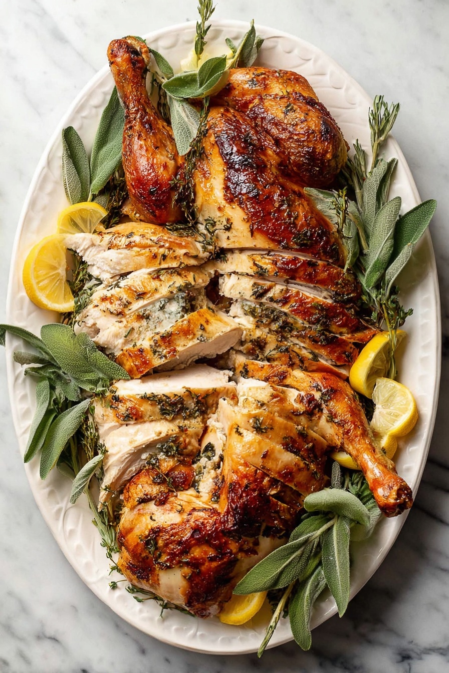Herb Butter Roasted Turkey, Herb Butter Turkey, Juicy Roast Turkey, Homemade Turkey Recipe, Flavorful Thanksgiving Turkey - A white oval plate sits on a white marbled surface, holding a cooked whole chicken sliced into thick pieces. The chicken skin is golden brown with a slightly crispy texture and visible herbs cooked into the surface. Two large legs, one at the top center and one at the bottom center of the plate, remain whole with browned skin. The breast and thigh meat in the middle are sliced in even layers, showing tender white meat inside. Around the chicken, fresh green herbs like sage and thyme are scattered, along with wedges of bright yellow lemon that add a fresh look. photo taken with an iphone --ar 2:3 --v 7