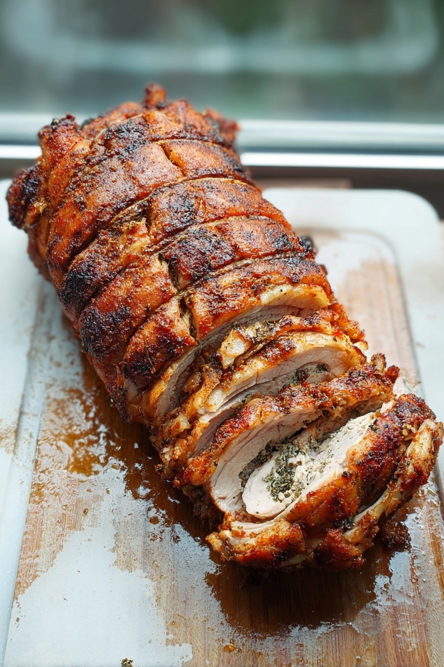 Porchetta Roast with Fennel and Herbs, flavorful porchetta recipe, crispy skin porchetta, herb-infused pork roast, Italian-style roast pork - The image shows a rolled and roasted meat log sliced into several pieces. The outer layer is crispy and golden brown with a textured crust, while the inner layers reveal well-cooked, juicy meat with a mix of white and pinkish shades, and some herbs visible inside. The slices are neatly arranged on a wooden board with some meat juices pooling around them. The background is softly blurred with a bright light source coming from behind. photo taken with an iphone --ar 2:3 --v 7