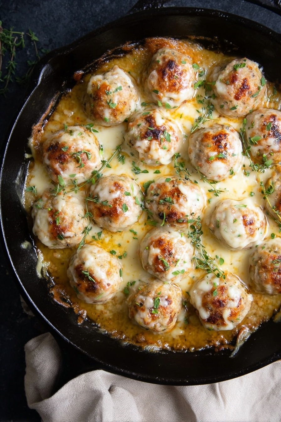 French Onion Chicken Meatballs, French Onion Chicken Meatballs recipe, savory chicken meatballs with onions, cheesy baked chicken meatballs, easy French onion inspired dinner - A black cast iron skillet filled with a golden brown broth with melted cheese spread around the edges. Inside the skillet, there are fifteen round, white-topped meatballs arranged closely together, each sprinkled with small green herb leaves. The meatballs have slightly browned spots and a smooth, creamy cheese layer on top with a soft texture beneath. The skillet sits on a dark surface with a beige cloth partially visible underneath. Photo taken with an iphone --ar 2:3 --v 7