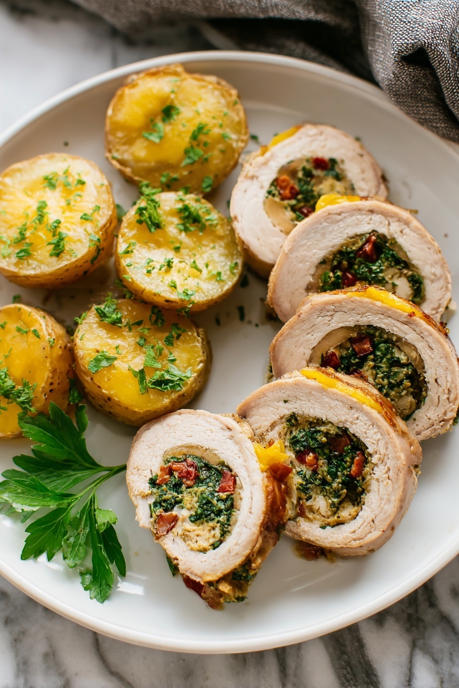 Stuffed Pork Tenderloin with Sun-Dried Tomatoes, stuffed pork tenderloin recipe, sun-dried tomato pork filling, easy pork tenderloin dinner, gourmet pork recipes - A white plate holds five slices of rolled meat arranged in a loose circle on one side, each slice showing a spiral of light brown meat wrapped around a colorful filling of green leafy vegetables and small bits of red, with melted yellow cheese inside. On the other side of the plate, there are six golden-brown roasted potato rounds speckled with green herbs, with a sprig of fresh flat green parsley placed beside them. The plate is placed on a white marbled surface, and part of a gray cloth is visible in the background. photo taken with an iphone --ar 2:3 --v 7