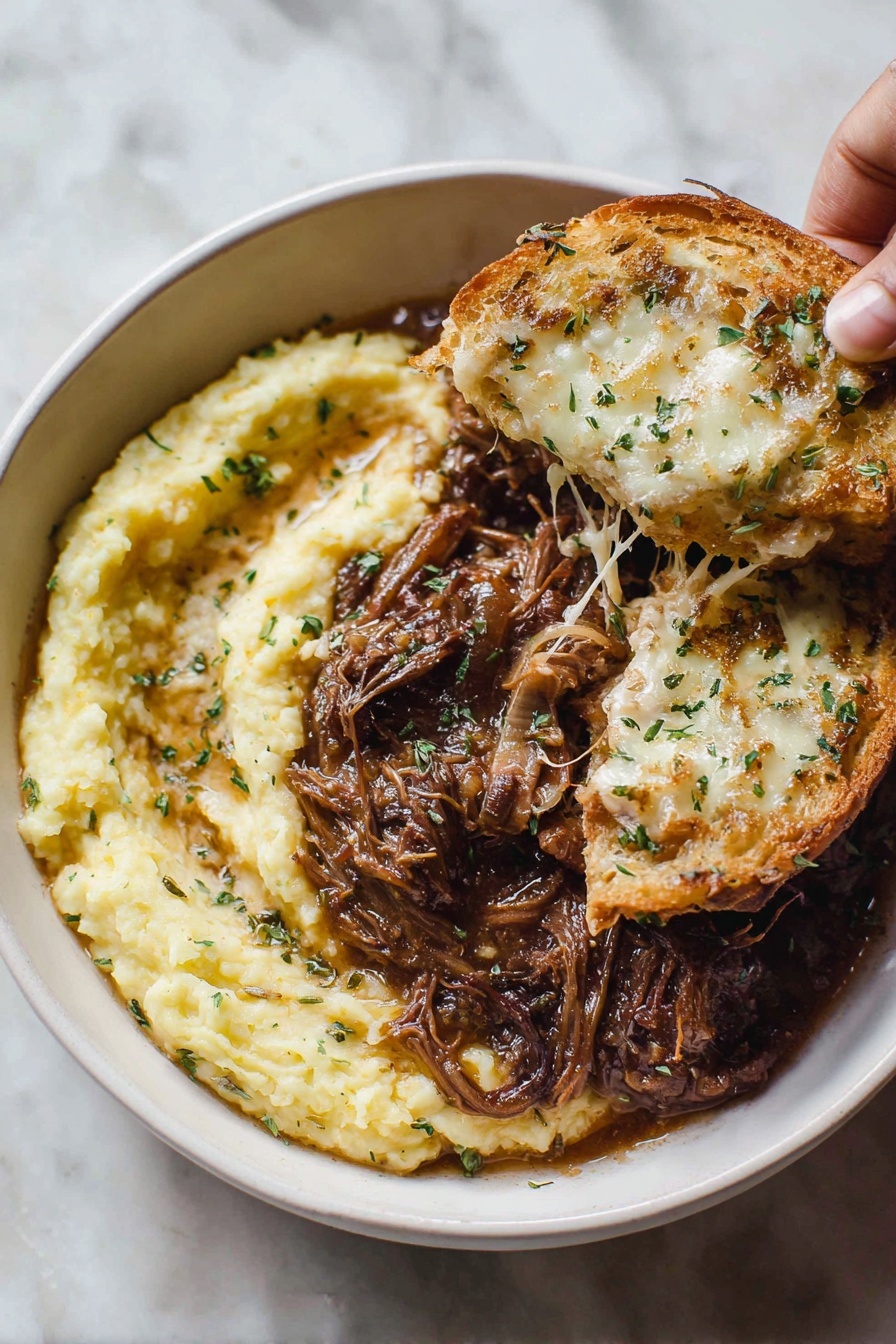 French Onion Chuck Roast, French Onion Beef Roast, slow cooker onion roast, caramelized onion beef, hearty beef roast recipe - A white bowl on a white marbled surface holds three main layers of food. On the left side is a thick, smooth yellowish mashed dish, textured lightly with small lumps and bits of herbs. On the right side, there is a dark brown shredded meat dish covered in a rich, glossy sauce with visible herbs and small pieces of onion. Two pieces of toasted bread sit on top of the meat near the center of the bowl; each piece is covered with melted, slightly browned cheese. A woman's hand lifts one bread slice, showing stringy cheese and meat on its surface. Photo taken with an iphone --ar 2:3 --v 7