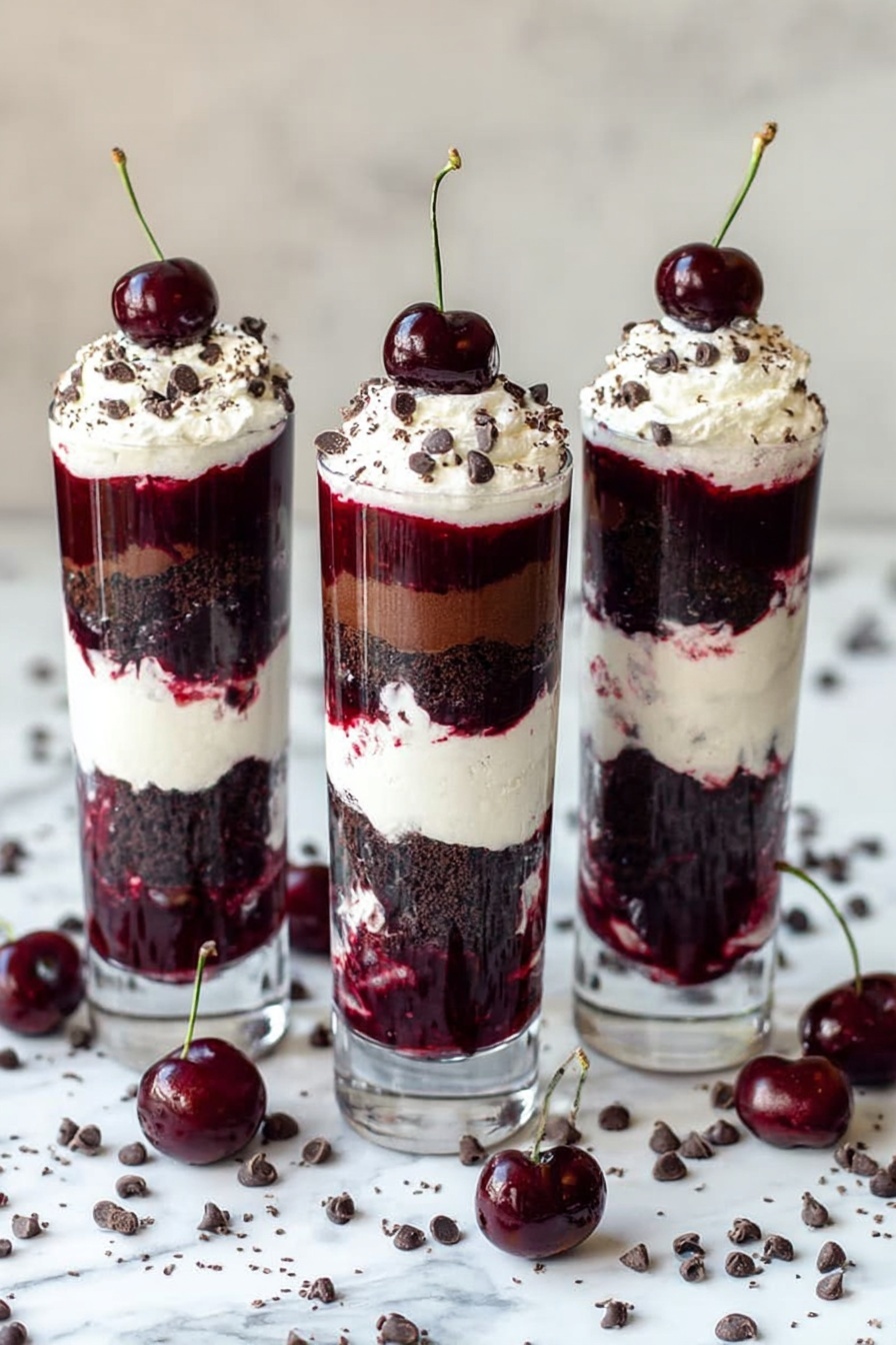 Black Forest Trifle Cherry Compote Recipe, chocolate cherry dessert, layered trifle with whipped cream, cherry chocolate dessert idea, easy holiday trifle - Three tall clear glasses stand side by side on a white marbled surface, each filled with four visible layers from bottom to top: a dark brown cake layer, a thick deep red cherry sauce, a white cream layer, and again a dark brown cake layer. On top of each glass, there is a final layer of white cream sprinkled with small dark chocolate chips and finished with a single dark cherry with stem placed in the center. Scattered around the glasses on the white marbled surface are loose dark chocolate chips and several whole dark cherries with stems. The photo taken with an iphone --ar 2:3 --v 7