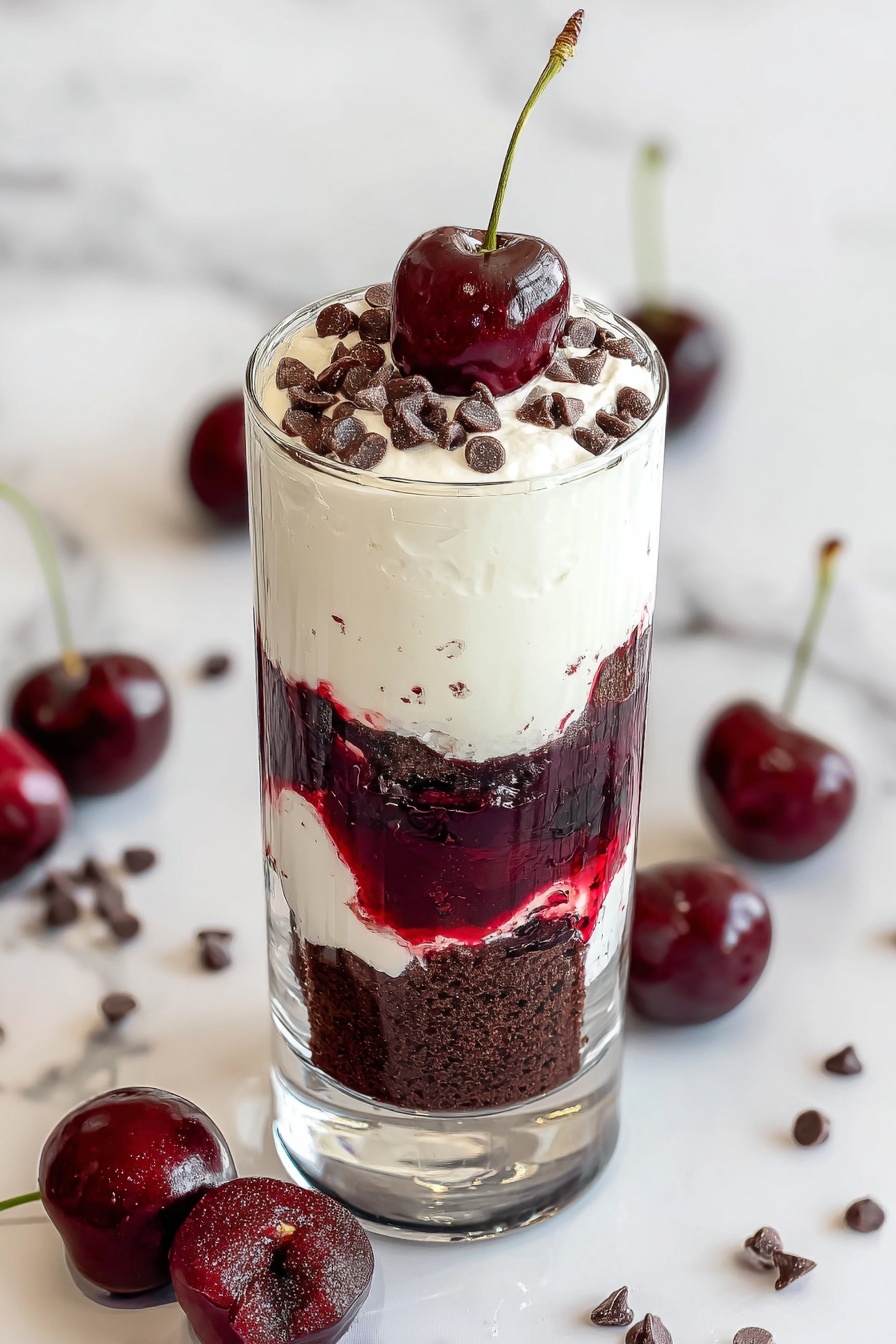 Black Forest Trifle Cherry Compote Recipe, chocolate cherry dessert, layered trifle with whipped cream, cherry chocolate dessert idea, easy holiday trifle - The image shows a tall clear glass with four layers: the bottom layer is dark brown chocolate cake, followed by a deep red cherry compote layer, then a white creamy layer, and finally a thick white cream layer on the top. The top cream layer is sprinkled with small dark brown chocolate chips, and one shiny dark red cherry with a green stem sits on top. Around the glass, there are some dark red cherries and scattered chocolate chips on a white marbled surface. photo taken with an iphone --ar 2:3 --v 7