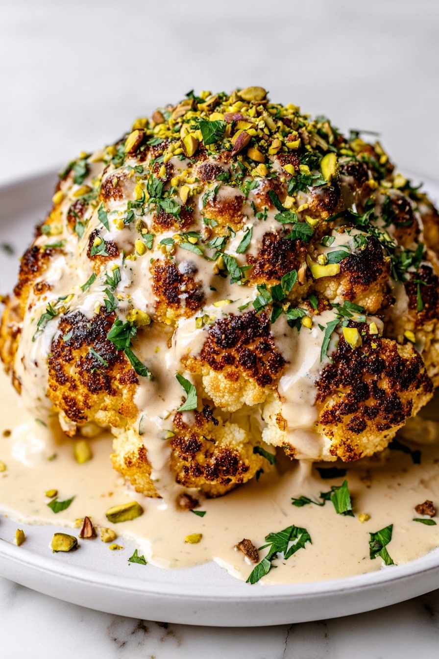 Roasted Cauliflower with Tahini Sauce, roasted cauliflower recipe, tahini sauce recipe, roasted cauliflower with tahini, healthy roasted cauliflower dish - A whole roasted cauliflower with a golden brown, slightly charred surface sits in the center of a white plate on a white marbled texture. It is covered with a creamy light beige sauce that drips down the sides, and topped with chopped green herbs and crushed pistachios, adding a touch of green and brown texture. Some sauce drops and herb pieces are scattered around the plate near the base of the cauliflower, giving a fresh and inviting look. Photo taken with an iphone --ar 2:3 --v 7