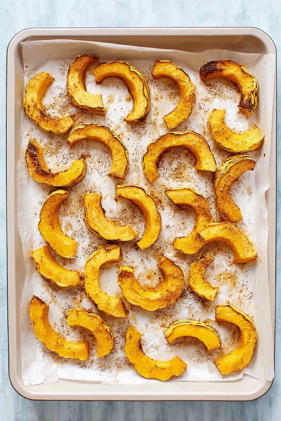 Roasted Delicata Squash, Delicata Squash Recipes, Healthy Roasted Squash, Easy Fall Vegetable Recipes, Sweet Roasted Squash Ideas - The image shows a white baking tray lined with parchment paper, filled with roasted slices of delicata squash spread out evenly. The squash pieces are crescent-shaped with a golden yellow color, some edges browned and slightly crispy. The surface of the tray has small specks of seasoning and oil, giving a roasted and textured look. The white marbled background contrasts softly with the warm colors of the squash. photo taken with an iphone --ar 2:3 --v 7