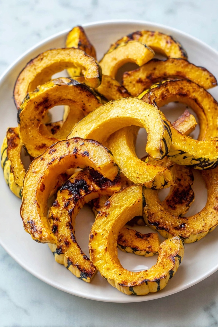 Roasted Delicata Squash, Delicata Squash Recipes, Healthy Roasted Squash, Easy Fall Vegetable Recipes, Sweet Roasted Squash Ideas - A white plate is filled with several slices of roasted delicata squash, arranged in a casual pile. Each slice has a curved crescent shape with a yellow-orange color and browned, slightly charred edges. The texture looks soft yet slightly crisp on the outside, with dark grill marks and some blackened spots scattered across the smooth surfaces. The plate sits on a white marbled background that contrasts with the warm tones of the squash. photo taken with an iphone --ar 2:3 --v 7