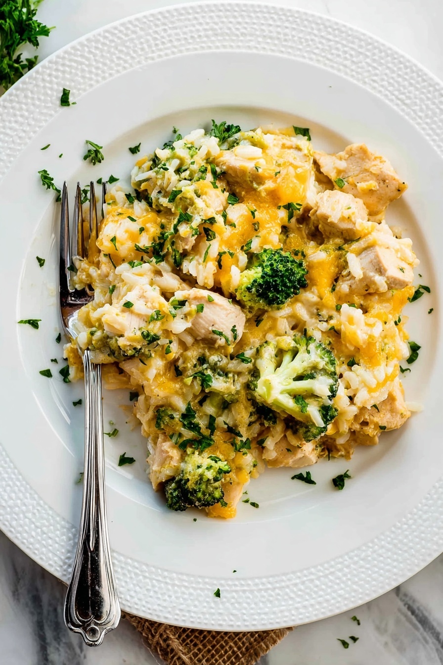 One Pot Cheesy Chicken Broccoli Rice Bake, cheesy chicken broccoli rice casserole, easy one pot chicken and rice recipe, creamy broccoli chicken bake, quick comforting dinner - The dish is served on a white plate with a textured rim. It has one main layer featuring pieces of cooked chicken, small bright green broccoli florets, and creamy yellow melted cheese mixed with rice. The food looks soft and warm with fresh green chopped herbs sprinkled on top. A shiny silver fork rests on the left side of the plate. The plate sits on a white marbled surface. photo taken with an iphone --ar 2:3 --v 7