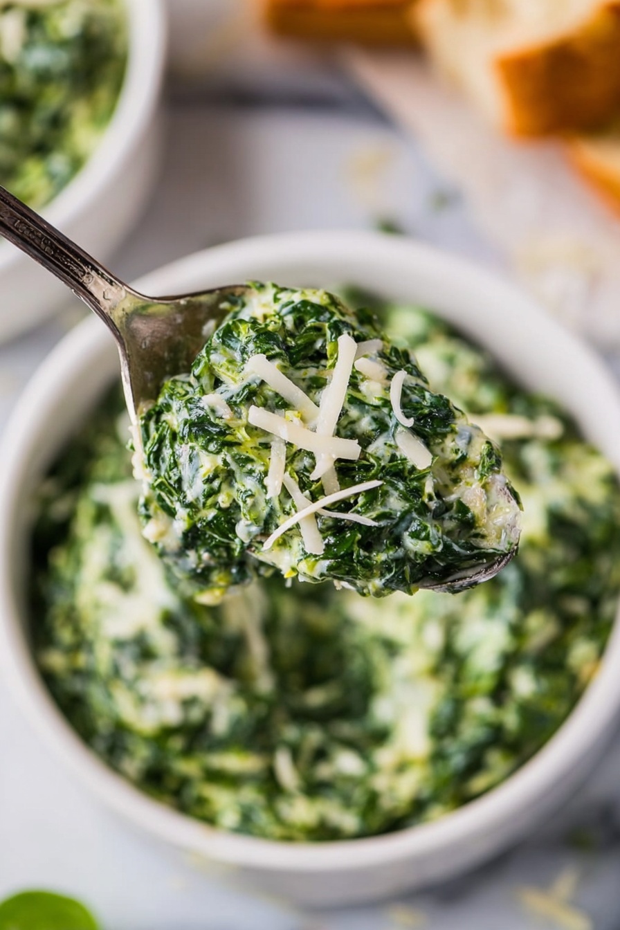 Creamed Spinach, Creamed Spinach Side Dish, Easy Creamed Spinach, Gourmet Spinach Recipes, Creamed Spinach with Cheese - The image shows a spoon holding a creamy green spinach mixture with small curls of white cheese sprinkled on top. Below the spoon, there is a white bowl filled with the same creamy spinach, and the bowl sits on a white marbled surface. Around the bowl, there are blurred out pieces of bread in the background, adding a warm brown color contrast to the green and white of the spinach dish. The textures of the spinach are soft and creamy with bits of shredded cheese visible. Photo taken with an iphone --ar 2:3 --v 7