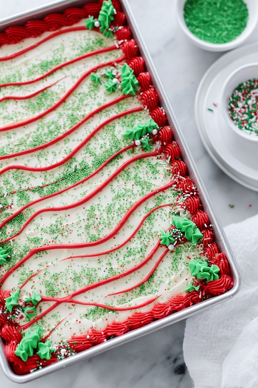Christmas Tree Sheet Cake with White Chocolate Buttercream, festive holiday cake, Christmas dessert ideas, holiday sheet cake, white chocolate cake recipe - The image shows a rectangular cake in a metal pan with a smooth white frosting base covered with fine green sprinkles. The cake has a border made of thick, bright red piped icing around the edges, decorated with small green tree-shaped sprinkles and thin red, white, and green rod sprinkles. Wavy lines of the same bright red icing run across the top of the cake, evenly spaced and parallel. The cake sits on a white marbled surface next to a small white bowl filled with green sprinkles and a white plate partly visible. Photo taken with an iphone --ar 2:3 --v 7