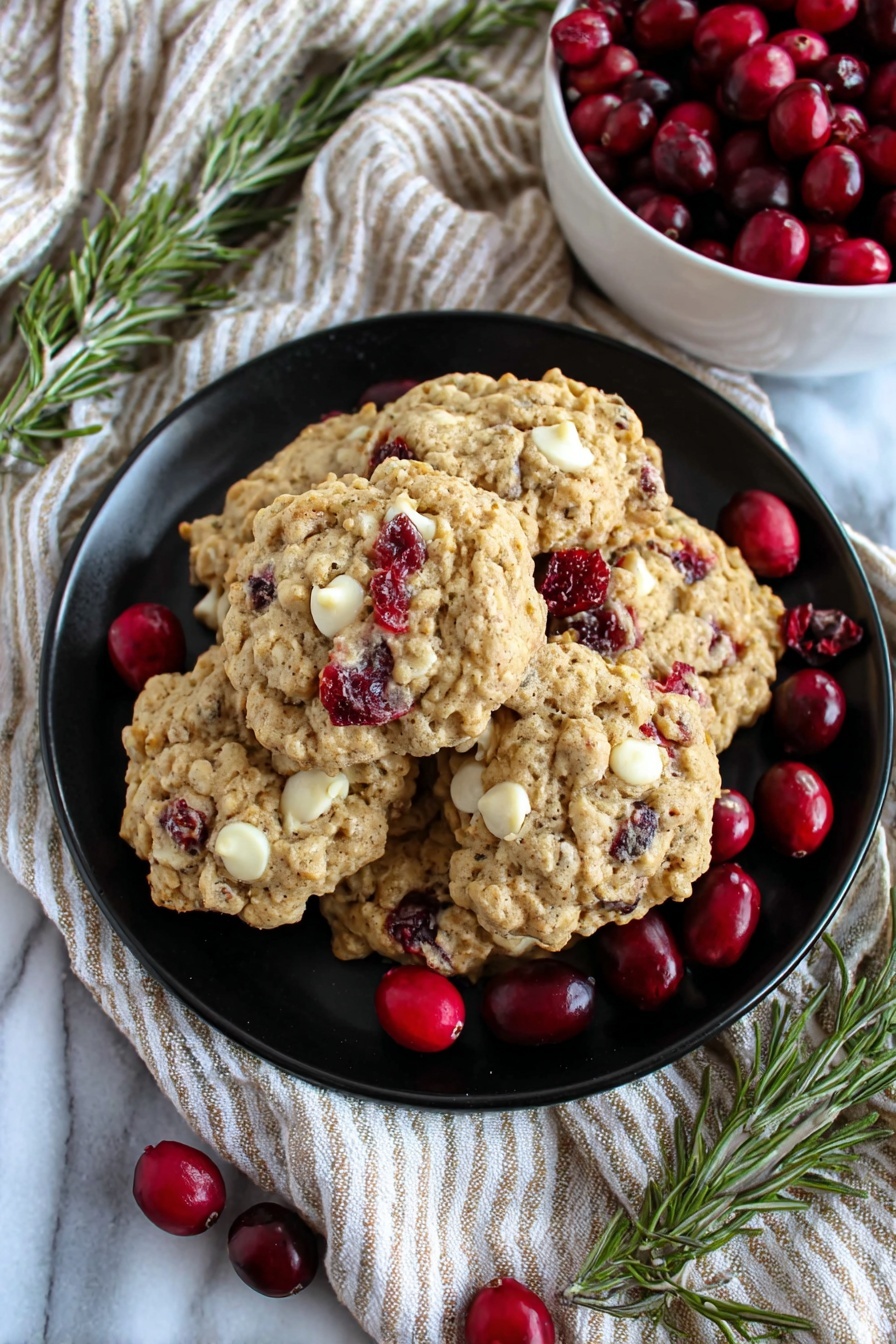 Cranberry Oatmeal Cookies, healthy oatmeal cookies with cranberries, chewy cranberry cookies, best white chocolate cranberry cookies, easy cranberry oatmeal treats - A black plate holds a pile of oatmeal cookies mixed with white chocolate chunks and red cranberries, with a few fresh cranberries placed on the plate around the cookies. The plate is set on a white marbled surface surrounded by a beige and white striped cloth. In the background, part of a white bowl filled with fresh cranberries is visible, and in the foreground, green rosemary branches with scattered cranberries add a fresh touch. The photo taken with an iphone --ar 2:3 --v 7