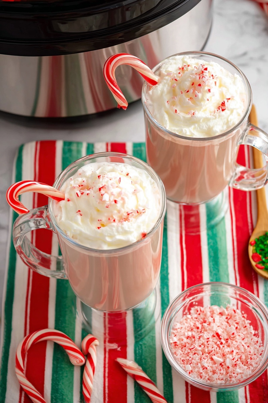 Slow Cooker Candy Cane White Hot Chocolate, peppermint hot chocolate, white hot chocolate recipe, holiday hot chocolate, cozy winter drinks - Two tall clear glass mugs filled with a light brown drink topped with thick white whipped cream sprinkled with small red and white crushed peppermint pieces. Each mug has a red and white striped candy cane hanging on the rim. The glasses sit on a white marble surface covered with a red, green, and white striped cloth. There is a small clear bowl full of crushed peppermint pieces and a wooden spoon with a green and red festive handle nearby. A slow cooker with a shiny silver outer edge and dark interior is partially visible at the top of the image. Two whole candy canes are arranged in a heart shape on the striped cloth near the mugs. Photo taken with an iphone --ar 2:3 --v 7