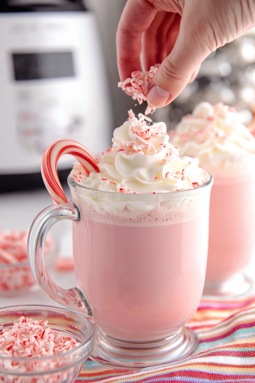 Slow Cooker Candy Cane White Hot Chocolate, peppermint hot chocolate, white hot chocolate recipe, holiday hot chocolate, cozy winter drinks - The image shows two clear glass mugs filled with a pink drink that has a frothy top layer of light cream. Each mug is garnished with a swirl of white whipped cream on top, and a small candy cane hanging on the rim. In the foreground, a woman's hand is sprinkling crushed red and white candy pieces over the whipped cream on one mug. The mugs sit on a white surface with a colorful striped cloth underneath. The background has a kitchen appliance, slightly blurred, and a small clear bowl holding more crushed candy pieces. The setting is bright and festive with soft natural light. photo taken with an iphone --ar 2:3 --v 7