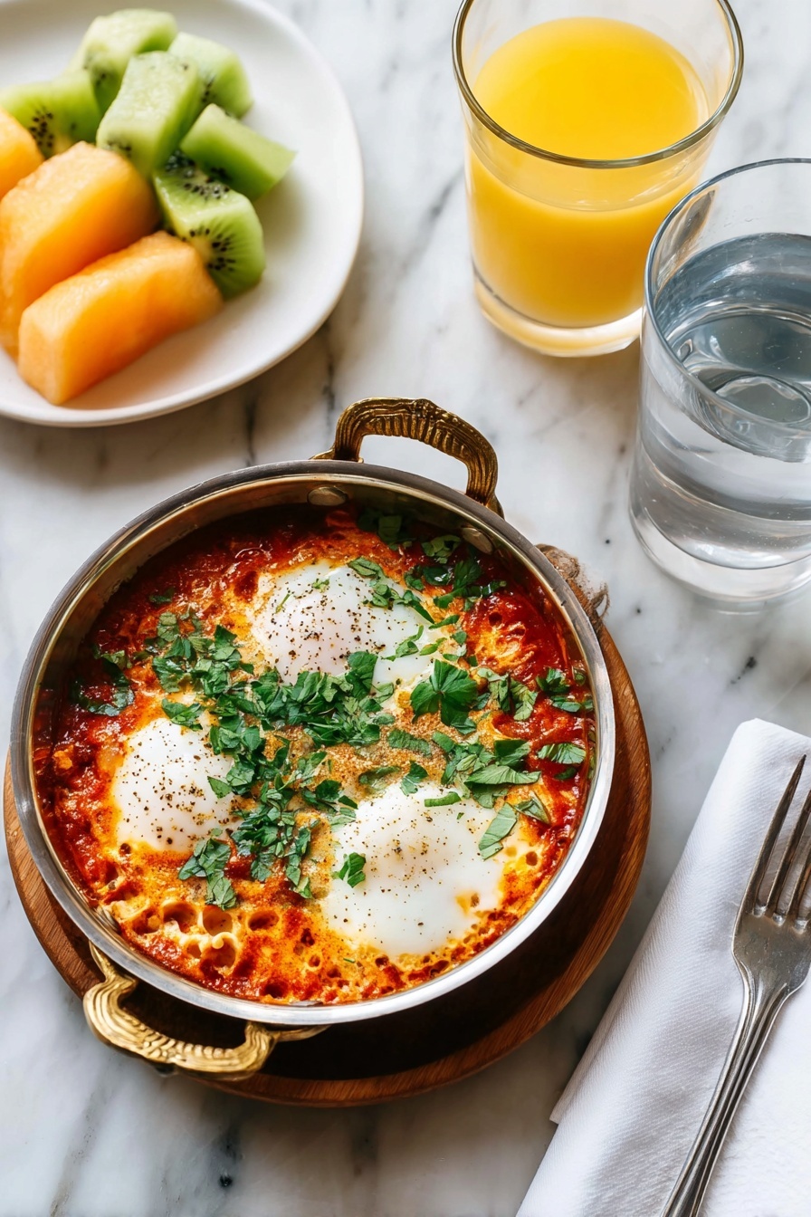 Easy Traditional Shakshuka, shakshuka recipe, Middle Eastern egg dish, North African brunch, one-pan breakfast - A small round metal pan with brass handles sits on a wooden base, filled with a rich, chunky red tomato sauce layered with three soft white poached eggs speckled with black pepper, topped with scattered green chopped parsley. Nearby, a white plate holds slices of bright orange, pale green honeydew melon, and green kiwi, adding fresh color contrasts. To the right of the pan, there is a clear glass of water and a clear glass of bright yellow orange juice, set on a white marbled surface with a folded white napkin and a silver fork beside them. Photo taken with an iphone --ar 2:3 --v 7