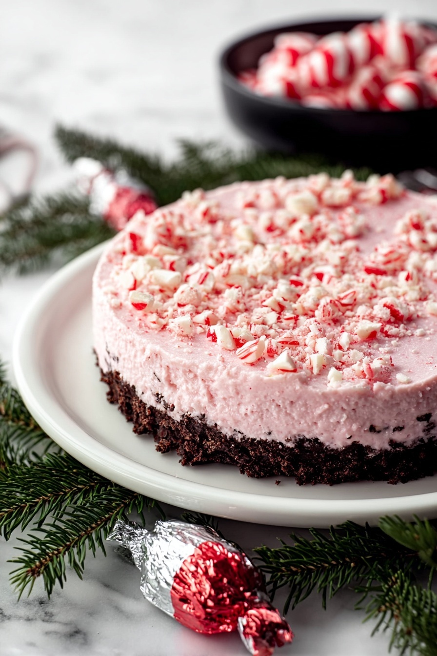 No Bake Peppermint Pie, festive peppermint dessert, easy Christmas pie, no-bake holiday dessert, peppermint cream cheese pie - The image shows a round dessert on a white plate, placed on a white marbled surface. The dessert has two visible layers: the bottom layer is a dark brown, crumbly crust, and the top layer is thick, light pink with a creamy, slightly rough texture. The top is scattered with small pieces of crushed red and white candy, giving it a textured, colorful look. Surrounding the plate are green pine needles, adding a festive touch, with a silver and red wrapped candy in the foreground and a black bowl filled with red and white-striped candies blurred in the background. Photo taken with an iphone --ar 2:3 --v 7