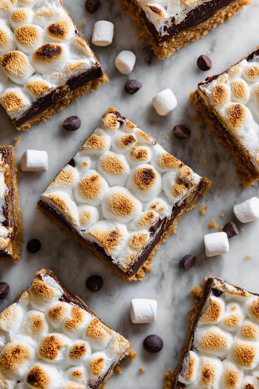 Delicious S'more Bars, s'more bars, campfire dessert, marshmallow chocolate bars, easy s'mores recipe - The image shows several square dessert bars arranged on a white marbled surface. Each bar has three visible layers: a crumbly, golden brown base at the bottom, a thick middle layer of melted dark chocolate, and a top layer of toasted marshmallows that are puffed and golden with light browning on the edges. Scattered around the bars are some whole marshmallows and chocolate chips adding to the scene. The dessert pieces are neatly cut with clear edges, showing the distinct layers clearly photo taken with an iphone --ar 2:3 --v 7