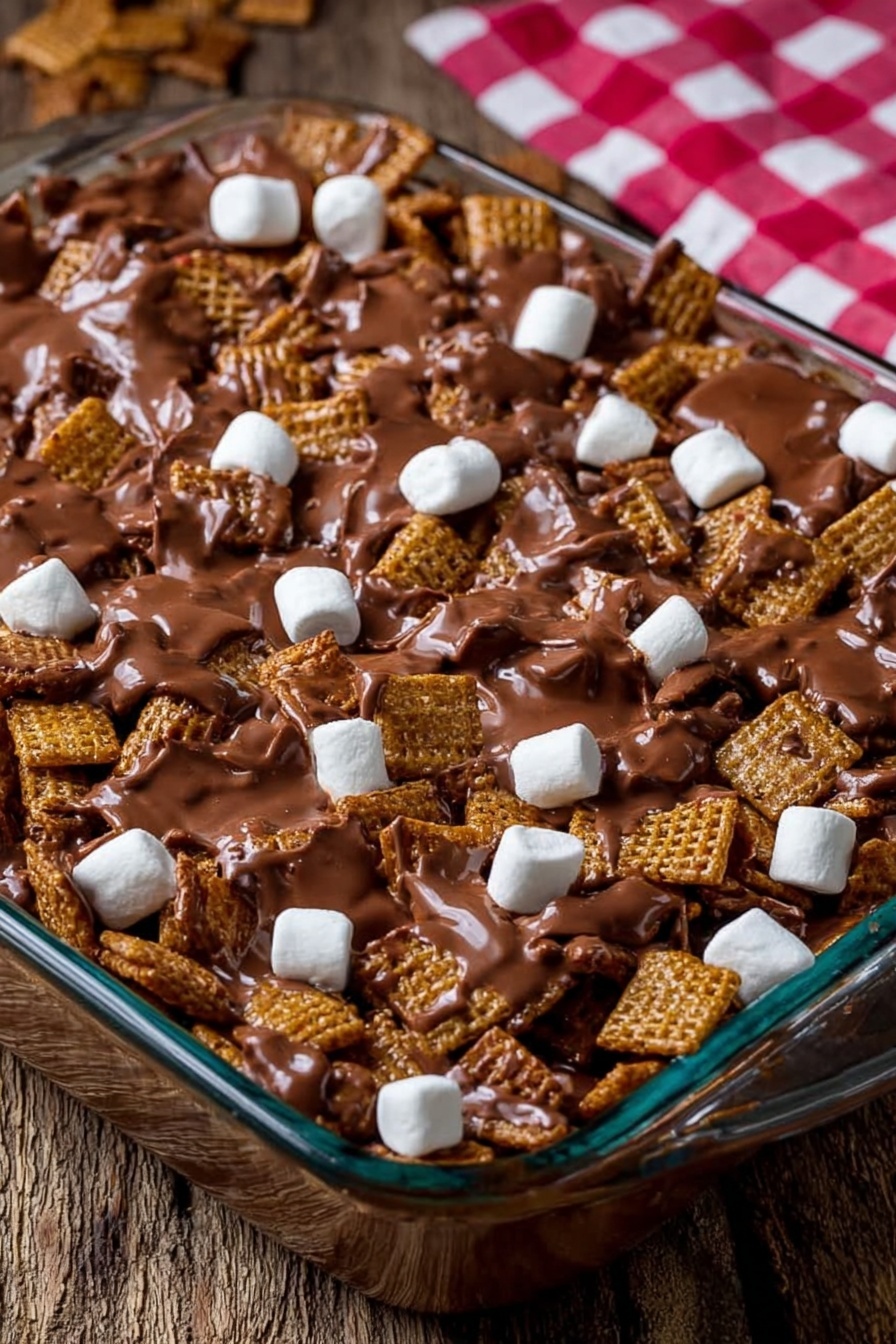 Golden Grahams S'Mores Bars, s'mores bars, no-bake dessert, campfire-inspired treats, easy dessert recipes - The image shows a clear glass baking dish filled with a mix of square cereal pieces covered in melted milk chocolate, creating a shiny, smooth brown layer that coats the cereal unevenly. Scattered throughout the top are small, white marshmallows that stand out against the chocolate and cereal mix. The dish is placed on a rough wooden surface with a blurred red and white checkered cloth in the background. Photo taken with an iphone --ar 2:3 --v 7