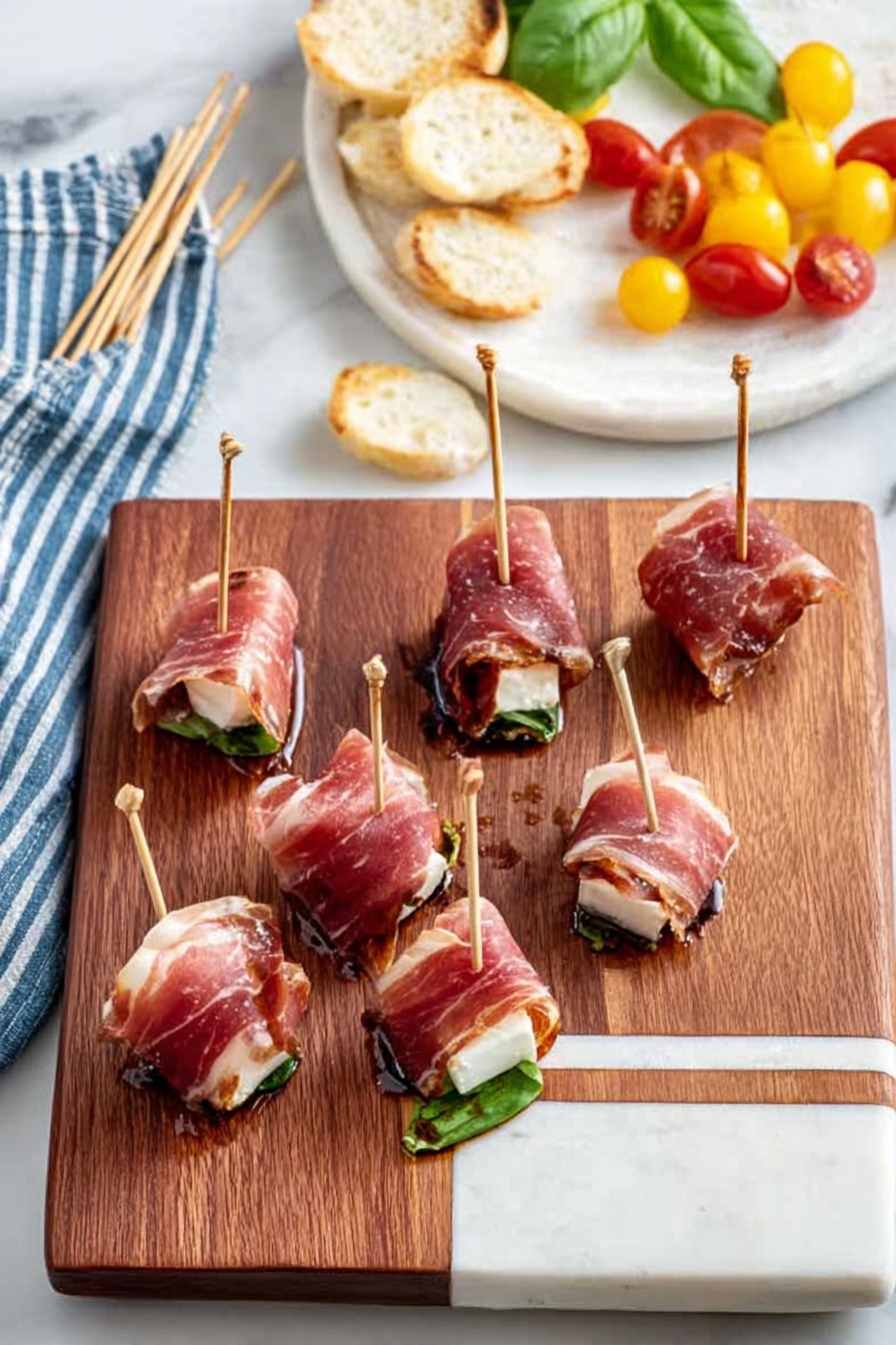 Prosciutto Mozzarella Bites with Basil, prosciutto appetizer, easy party snacks, caprese bites, savory finger foods - The image shows a wooden cutting board with several thin slices of pink prosciutto piled on the left side. On the right side of the board, there are two small appetizer pieces, each with a square white base layer topped with a green layer and wrapped with a thin slice of prosciutto, held together by a small toothpick with a looped top. The cutting board is placed on a white marbled surface. Part of a white bowl with small white round items is visible in the top left corner, and a white bowl with green leaves is in the top right corner. A woman's hand is reaching towards the board from the bottom right. Photo taken with an iphone --ar 2:3 --v 7
