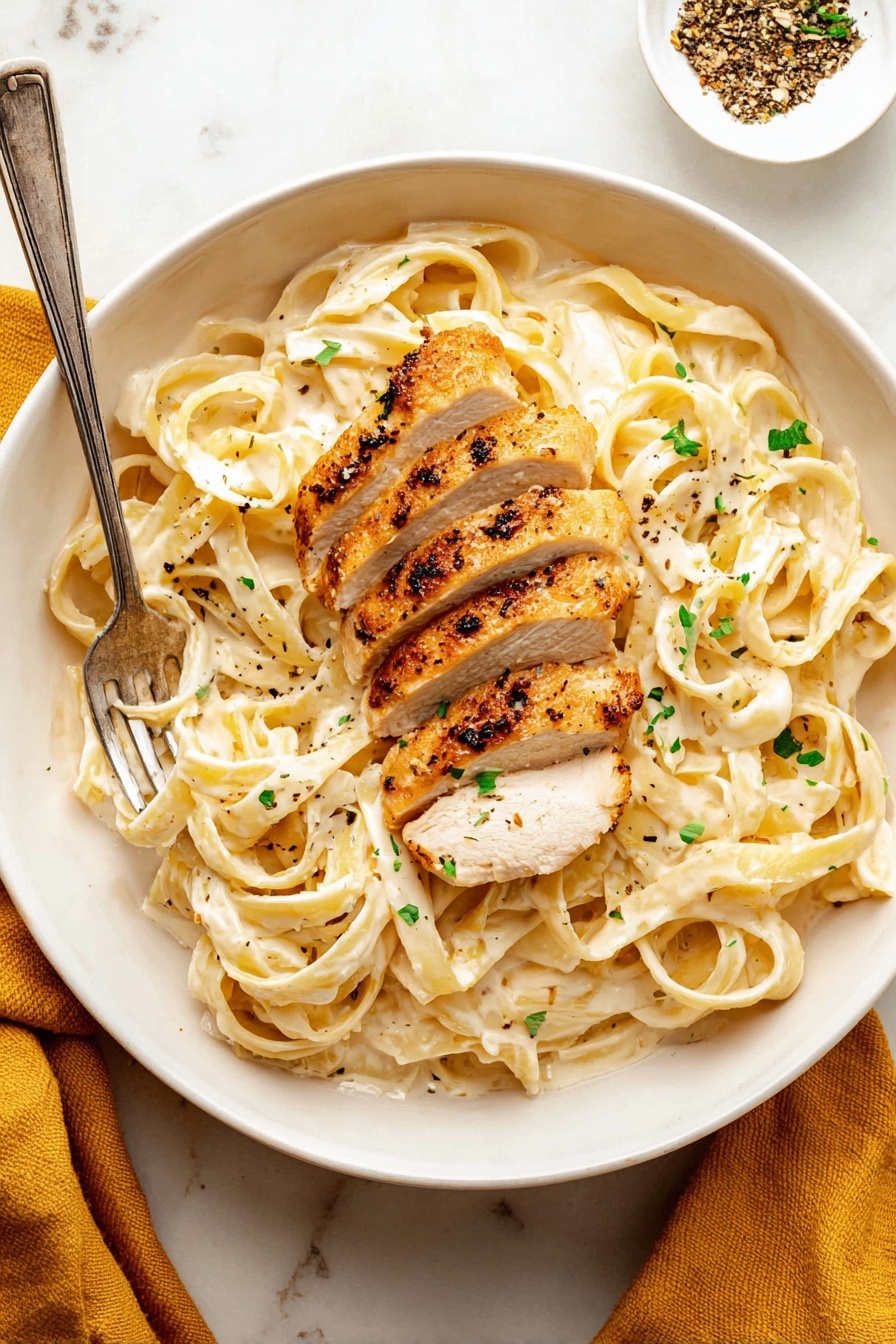 Creamy Fettuccine Alfredo with Chicken, chicken Alfredo pasta, easy chicken Alfredo recipe, restaurant-style Alfredo, weeknight pasta dinner - The image shows a close-up of a white bowl filled with wide, flat pasta noodles coated in a creamy, light beige sauce, speckled with small bits of green herbs. On top of the pasta, there are thick pieces of grilled chicken with a browned, slightly crispy outside and a juicy interior, arranged in scattered slices across the noodles. The noodles have a silky texture with visible seasoning of black pepper dots spread evenly. The background is a white marbled surface. photo taken with an iphone --ar 2:3 --v 7