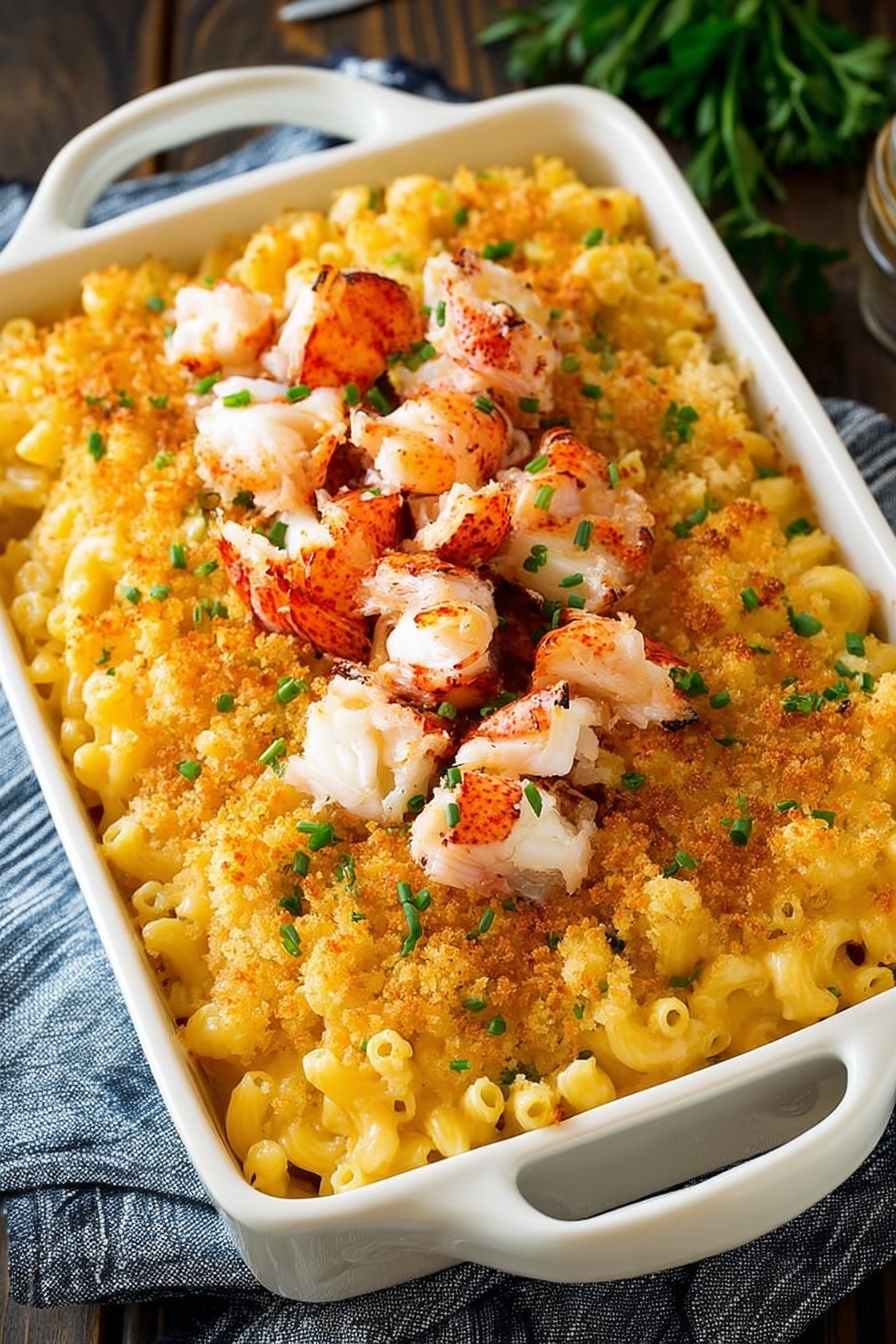 Lobster Mac and Cheese Bake, Lobster macaroni and cheese, cheesy lobster pasta, luxurious comfort food, seafood pasta bake - The image shows a baked macaroni and cheese dish in a white rectangular casserole dish with two handles. The dish has three visible layers: the bottom layer is creamy, yellow macaroni pasta, the middle layer features a thick coating of golden, crunchy breadcrumb topping, and the top layer is decorated with small chunks of grilled lobster meat that are white with some charred orange-red edges. Chopped green herbs, likely chives, are sprinkled on top adding color contrast. The casserole dish is placed on a dark wooden surface with a folded blue and white striped cloth in the background, and the overall setting has a cozy and appetizing feel. The photo taken with an iphone --ar 2:3 --v 7