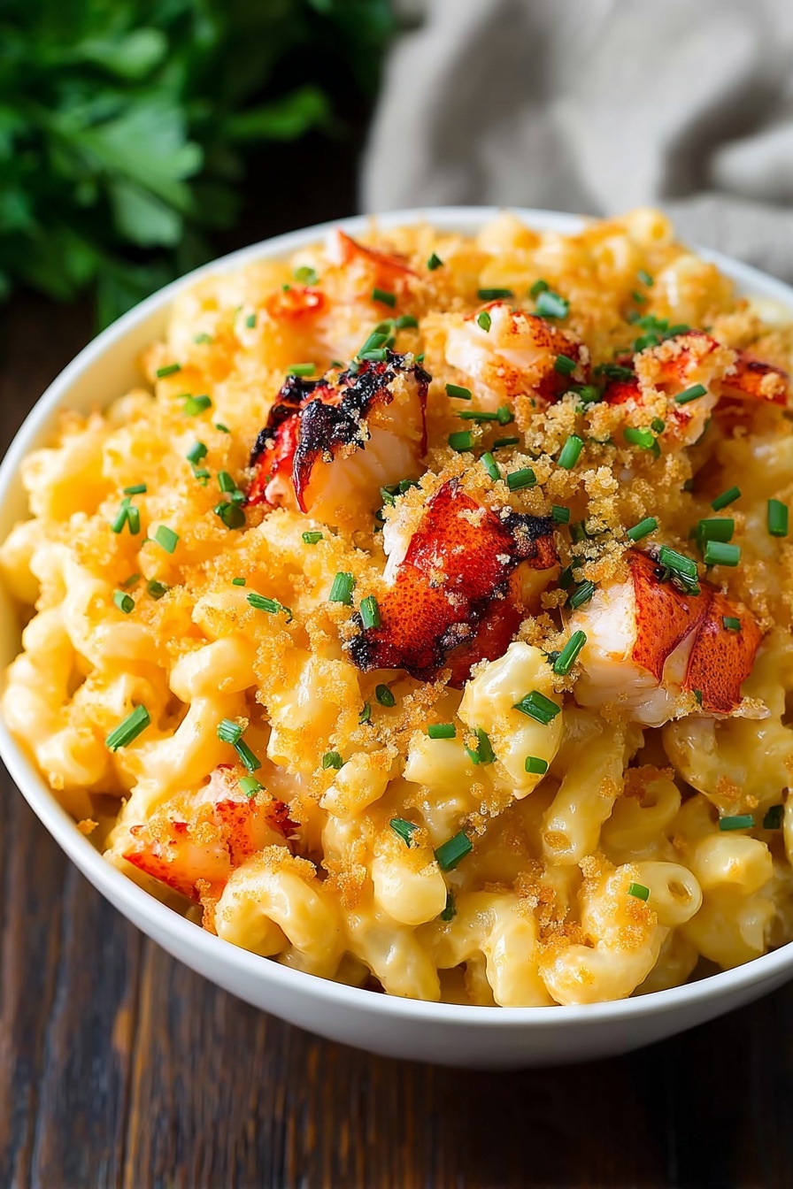 Lobster Mac and Cheese Bake, Lobster macaroni and cheese, cheesy lobster pasta, luxurious comfort food, seafood pasta bake - A white bowl filled with creamy macaroni and cheese layered with bright orange cheese sauce covering the pasta thoroughly, topped with chunks of grilled lobster meat that have a slightly charred, reddish-brown outer layer. Over the lobster and pasta, there is a sprinkle of golden breadcrumbs and small pieces of fresh green chives scattered on top. The bowl is placed on a dark wooden table with a blurred piece of cloth in the background, and a green leafy herb is visible to the top left. Photo taken with an iphone --ar 2:3 --v 7