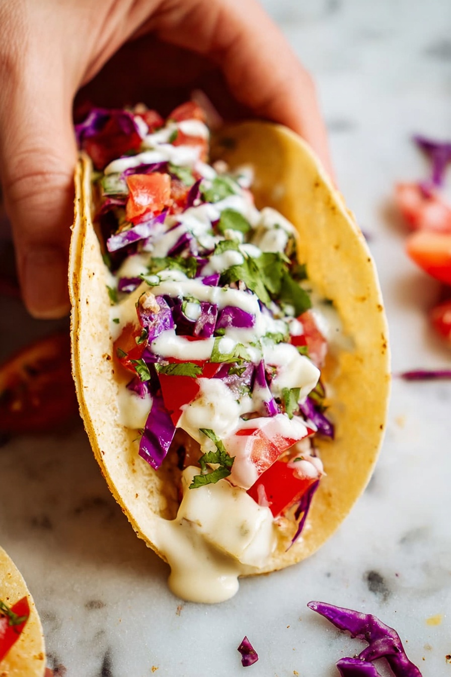 Vegan Fish Tacos with Fresh Toppings, Vegan Fish Tacos, Vegan Taco Recipes, Plant-Based Fish Tacos, Easy Vegan Fish Tacos - A small soft taco held by a woman's hand shows three clear layers: the bottom layer is a pale yellow soft tortilla, the middle layer consists of white cheese chunks and small pieces of red tomato, and the top layer has deep purple cabbage pieces, small green bits of cilantro, and a drizzle of creamy white sauce covering the ingredients. The taco is placed on a white marbled surface with some small scattered pieces of purple cabbage and red tomato around it. Photo taken with an iphone --ar 2:3 --v 7