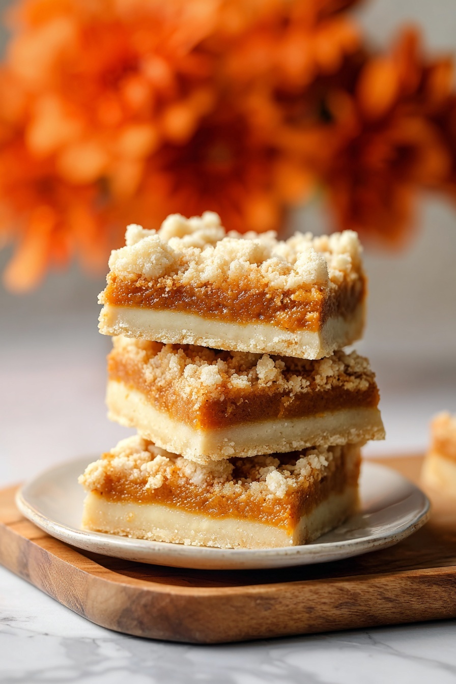 Vegan Pumpkin Crumble Bars, Pumpkin Crumble Bars, Vegan Autumn Desserts, Vegan Pumpkin Bars, Plant-Based Pumpkin Treats - A stack of three square dessert bars is centered on a white plate resting on a wooden board over a white marbled surface. Each bar has three layers: the bottom layer is a pale beige crust with a smooth texture, the middle layer is a thick, rich orange filling with a slightly bumpy surface, and the top layer is a crumbly, light beige streusel with small clusters and a rough texture. In the background, there is an out-of-focus bunch of bright orange flowers creating a warm, soft look. The photo has a clear, close-up focus on the dessert bars. photo taken with an iphone --ar 2:3 --v 7
