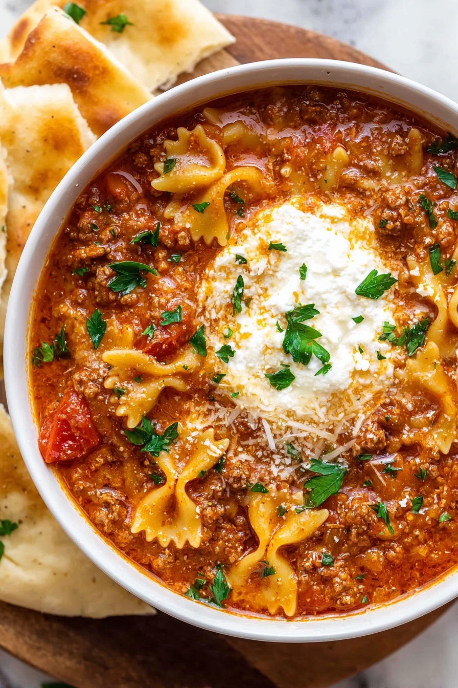 Lasagna Soup, Easy Lasagna Soup, Quick Lasagna Soup, Cheesy Lasagna Soup, Comforting Soup Recipes - A white bowl filled with a thick soup made of shaped pasta in wavy edges, ground meat, and diced tomatoes in a rich reddish-brown broth, topped with a dollop of white creamy cheese and scattered green herb pieces, placed on a white marbled surface with a corner of golden brown bread visible on the side, photo taken with an iphone --ar 2:3 --v 7