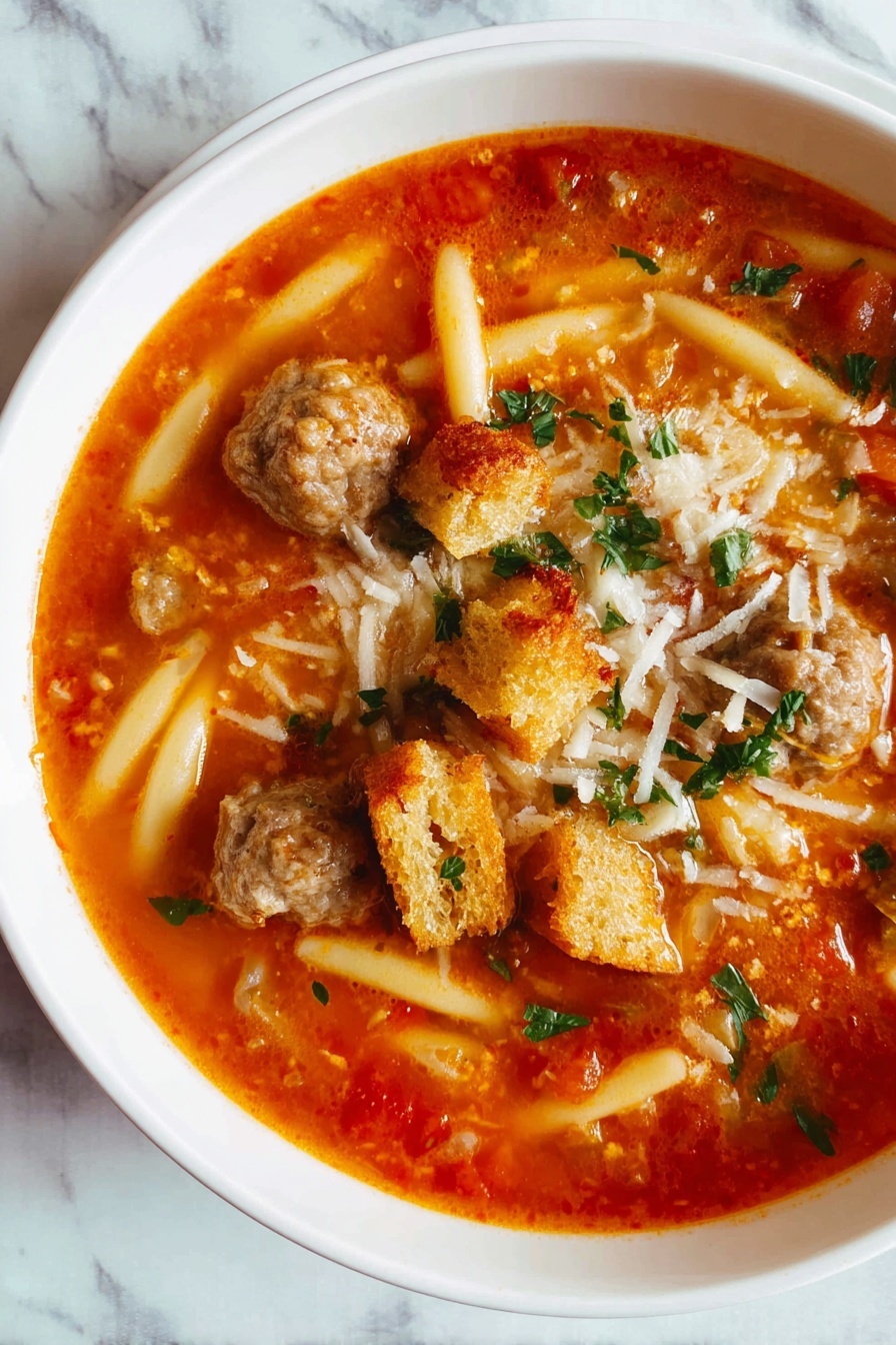 Italian Sausage Soup with Orzo, Italian Sausage Soup, hearty sausage and orzo soup, quick Italian sausage soup, comforting sausage soup recipe - A white bowl filled with a reddish-orange broth containing small, light brown meatballs and elongated pale pasta pieces. There are crisp golden brown croutons scattered on top, along with chopped green herbs and white grated cheese sprinkled across the surface. The bowl sits on a white marbled surface. photo taken with an iphone --ar 2:3 --v 7